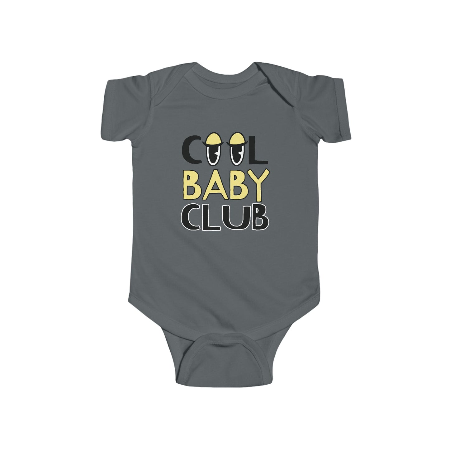 charcoal grey infant bodysuit that says COOL BABY CLUB on the front in black and yellow lettering