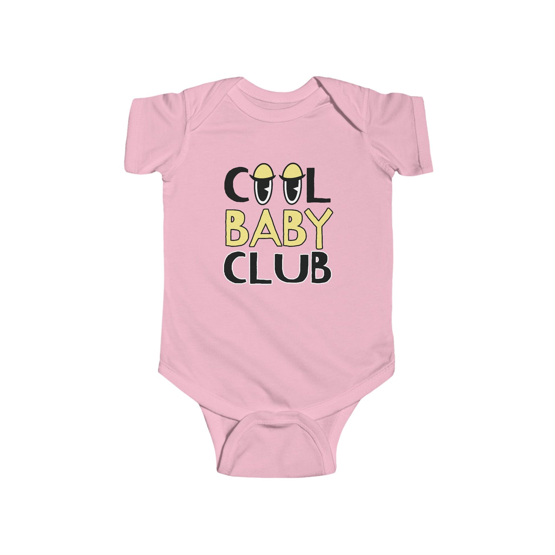 light pink infant bodysuit that says COOL BABY CLUB on the front in black and yellow lettering