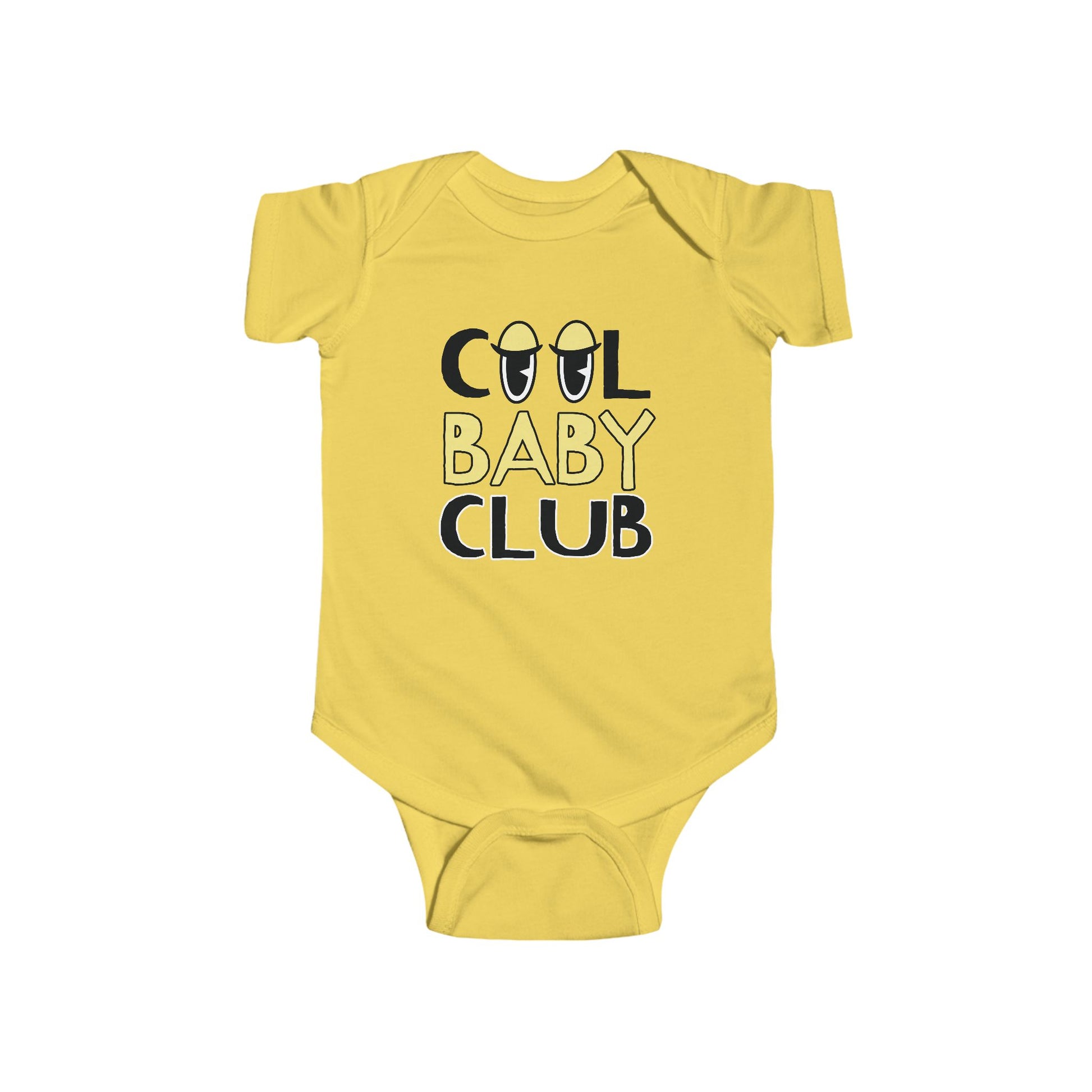 yellow infant bodysuit that says COOL BABY CLUB on the front in black and yellow lettering