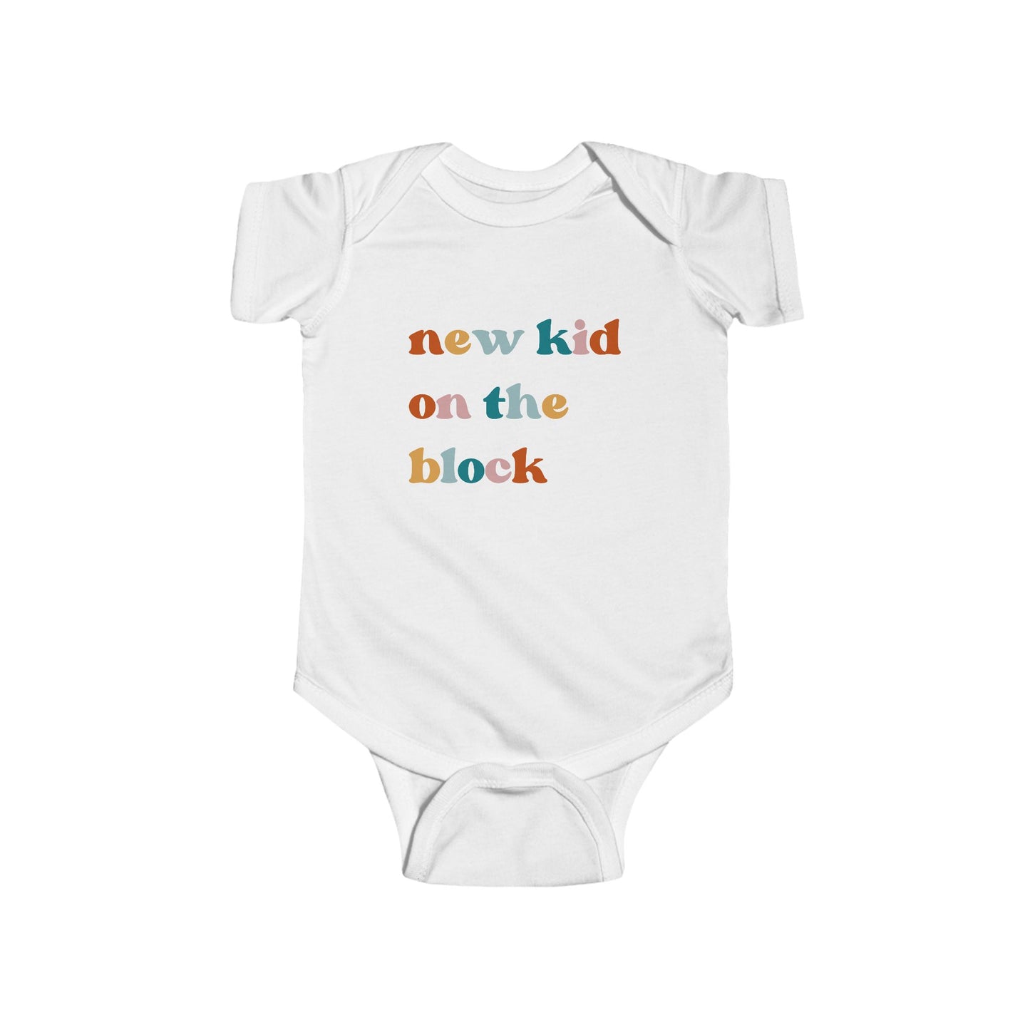 White infant bodysuit that says 'NEW KID ON THE BLOCK in multicolored font.