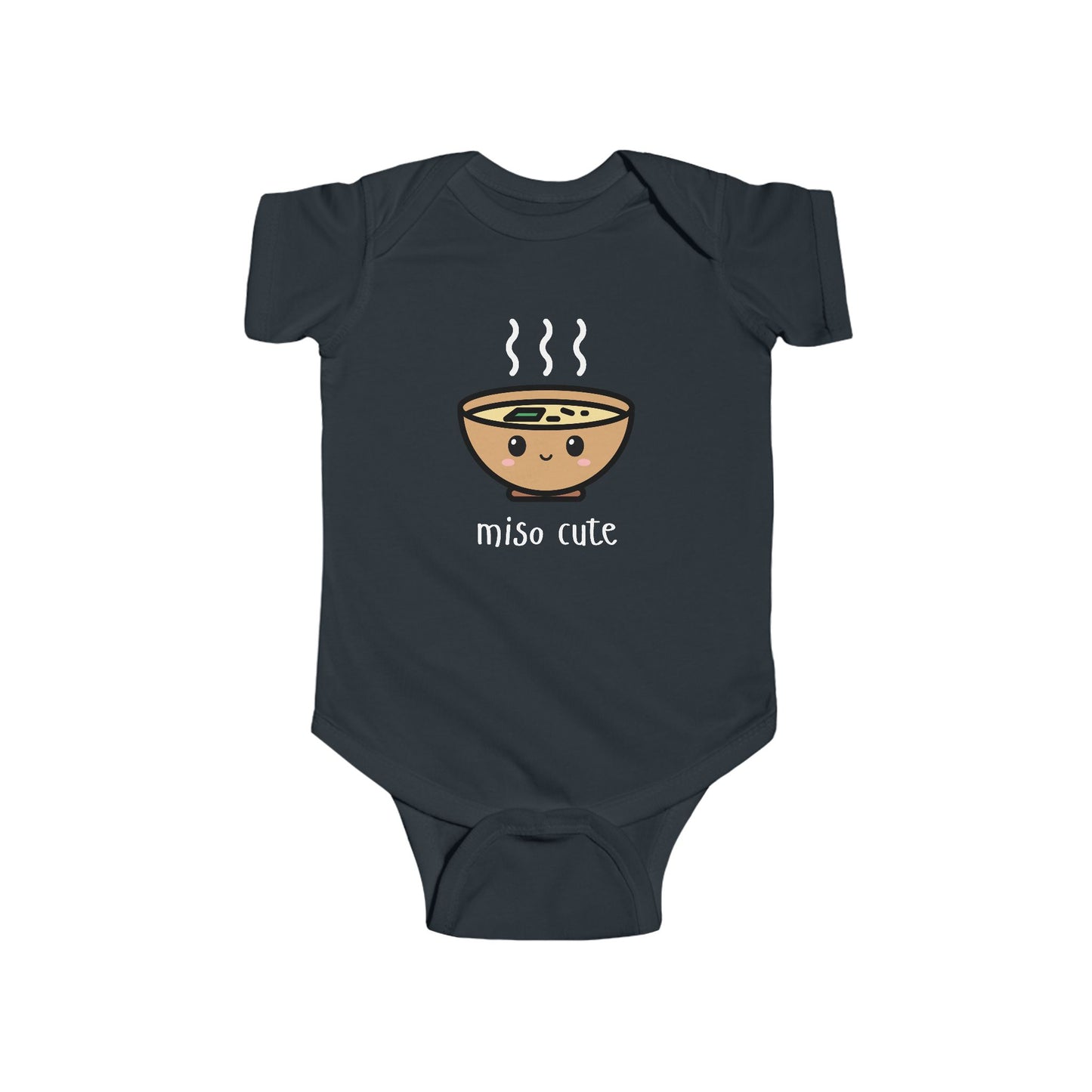 Black infant bodysuit that says MISO CUTE with a kawaii illustration of a bowl of miso soup.