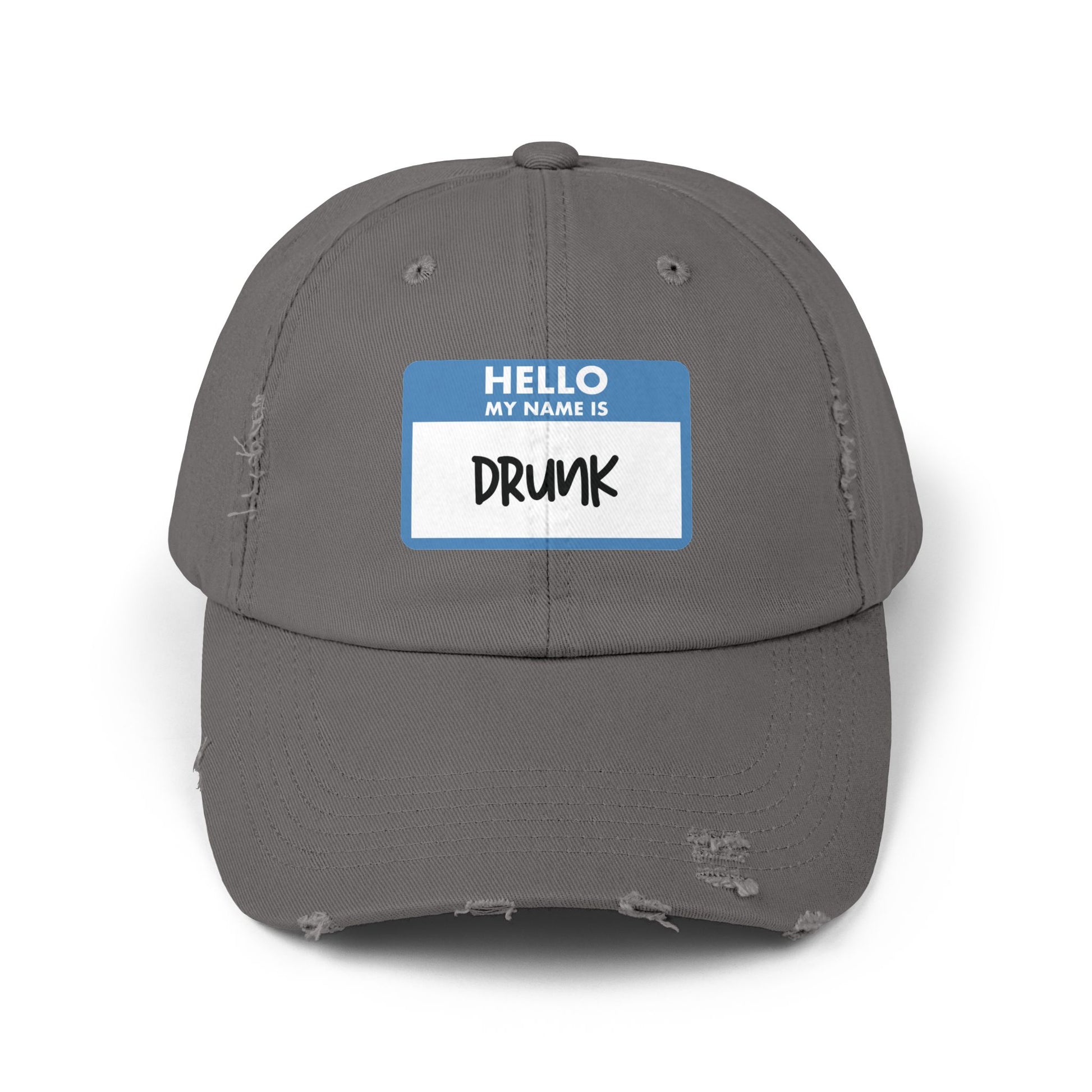 Drinking hat in grey that says HELLO MY NAME IS DRUNK on the front. The design is made to look like a sticker name tag that you write your name on and wear at events or parties.