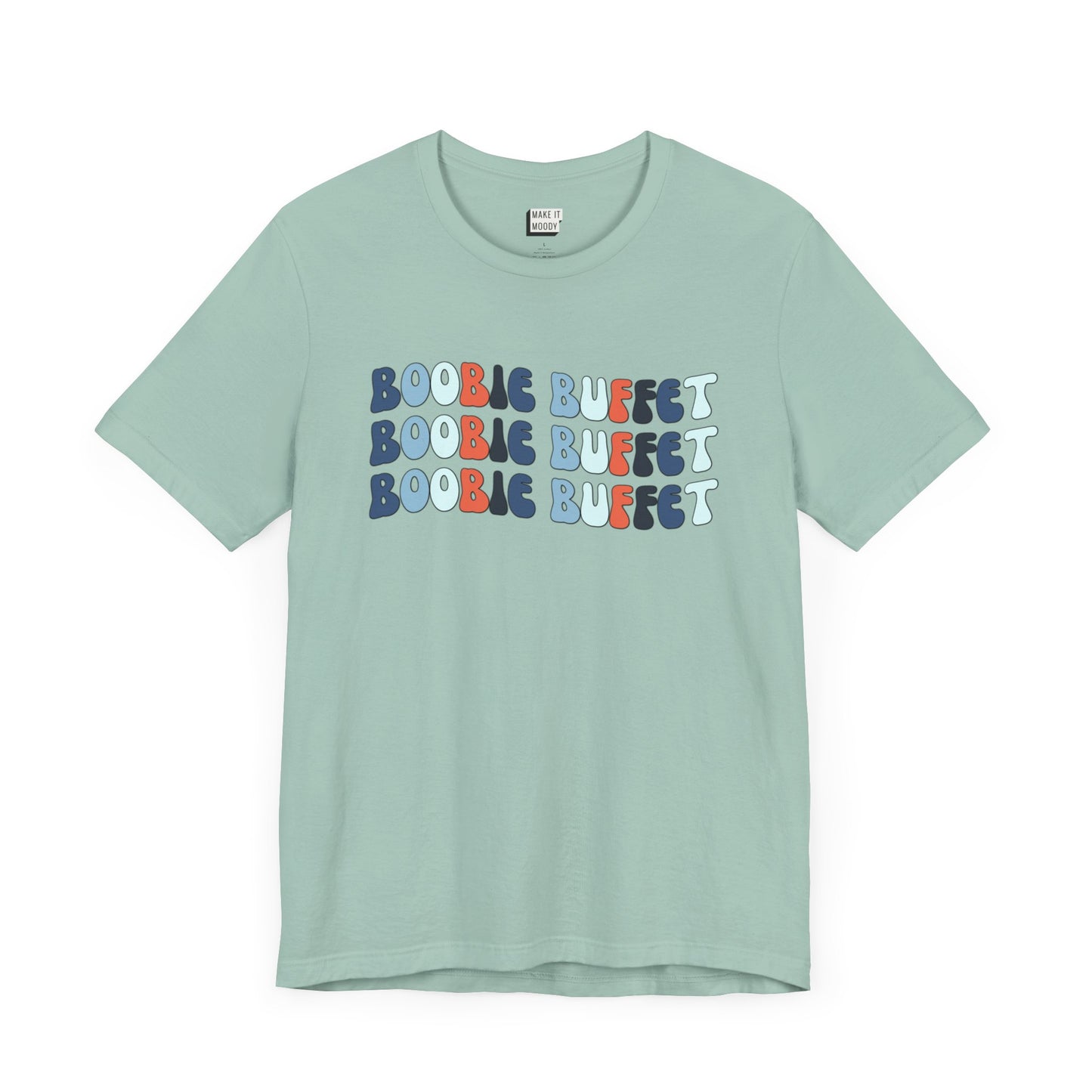 Dusty blue breastfeeding t-shirt with the words BOOBIE BUFFET stacked three times in multicolor retro font.