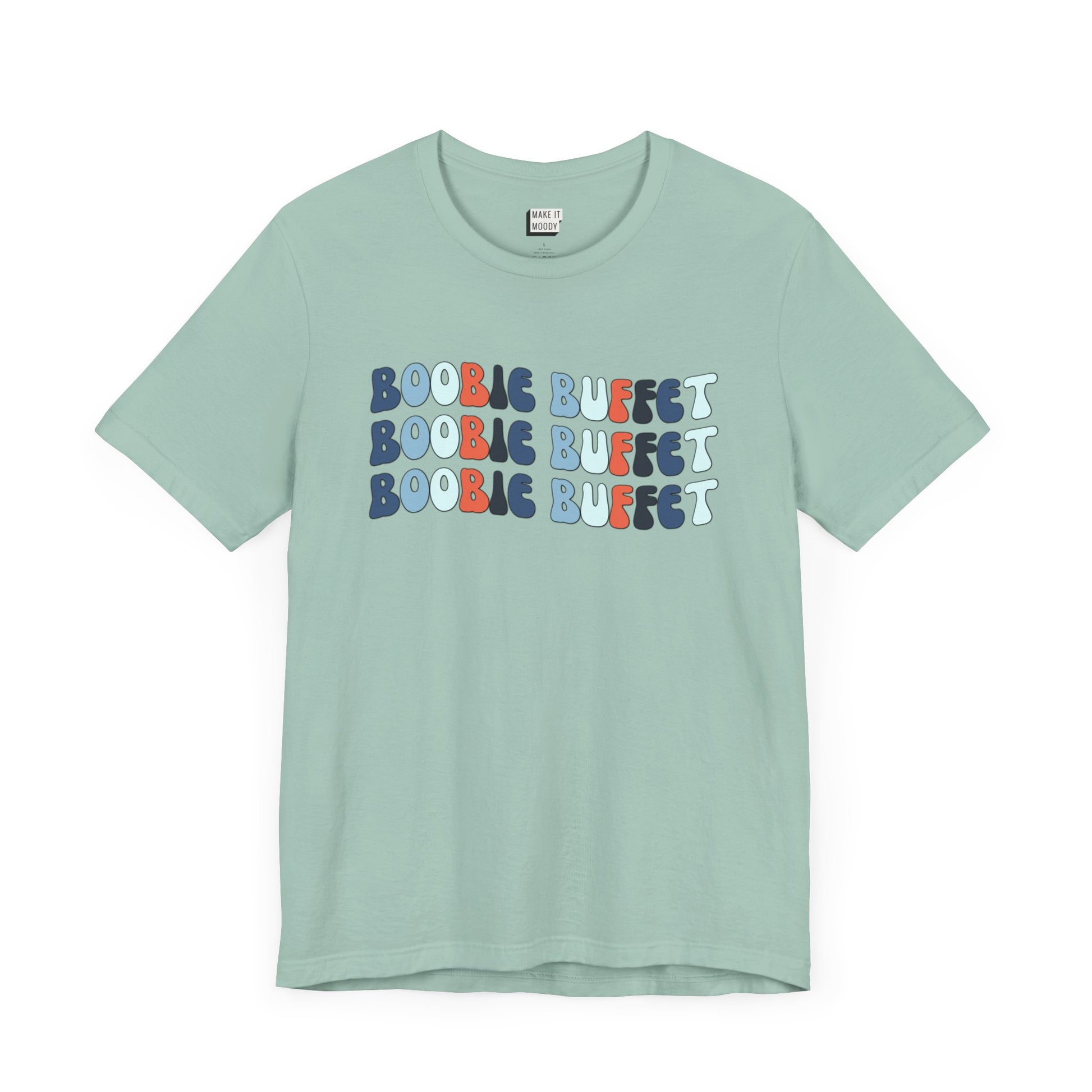 Dusty blue breastfeeding t-shirt with the words BOOBIE BUFFET stacked three times in multicolor retro font.