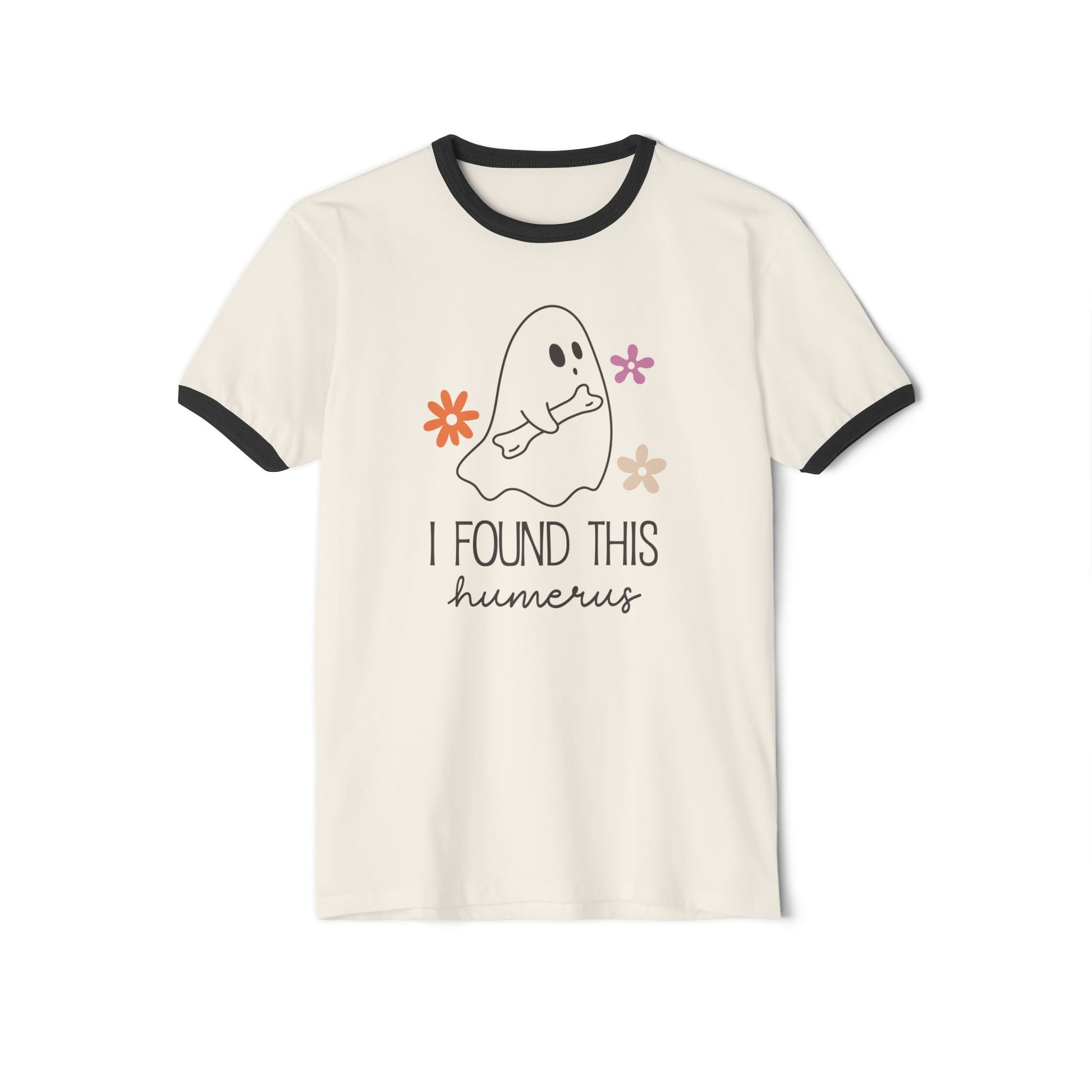 A natural/black unisex cotton ringer Halloween T-shirt featuring a cute ghost holding a bone and text that reads "I Found This Humerus.