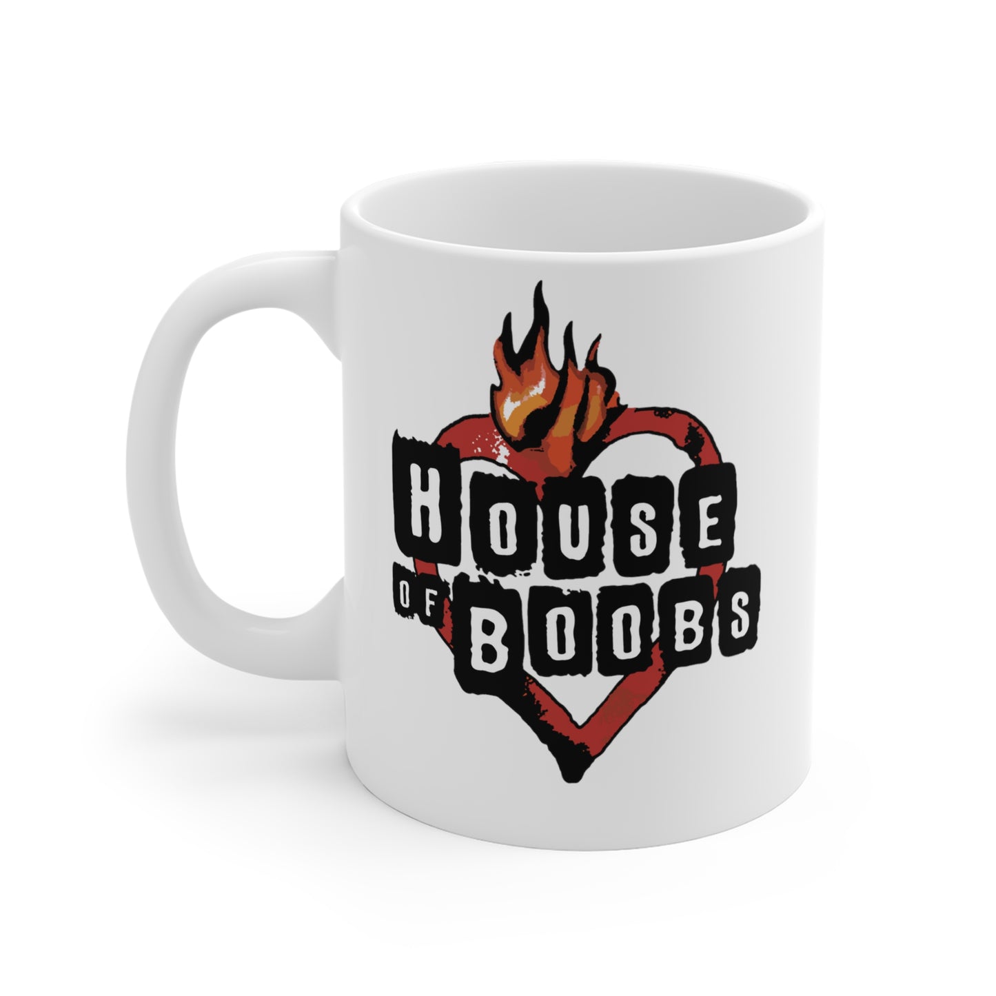 breastfeeding themed mug that with house of boobs printed on both sides, reminiscent of the House of blues logo