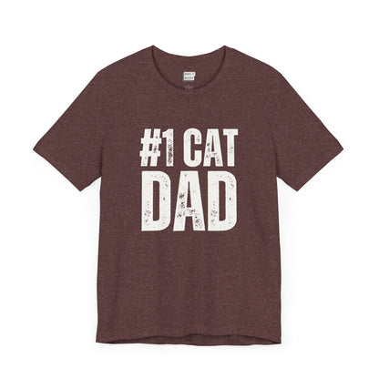 funny maroon t shirt that says #1 cat dad in bold lettering