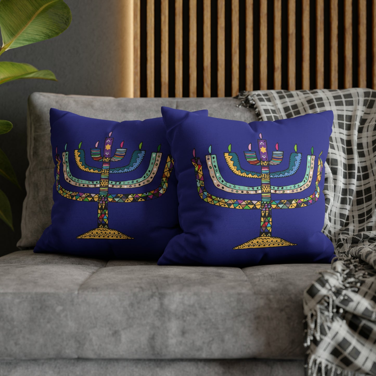 Mosaic Menorah Hanukkah Pillow Cover, Blue