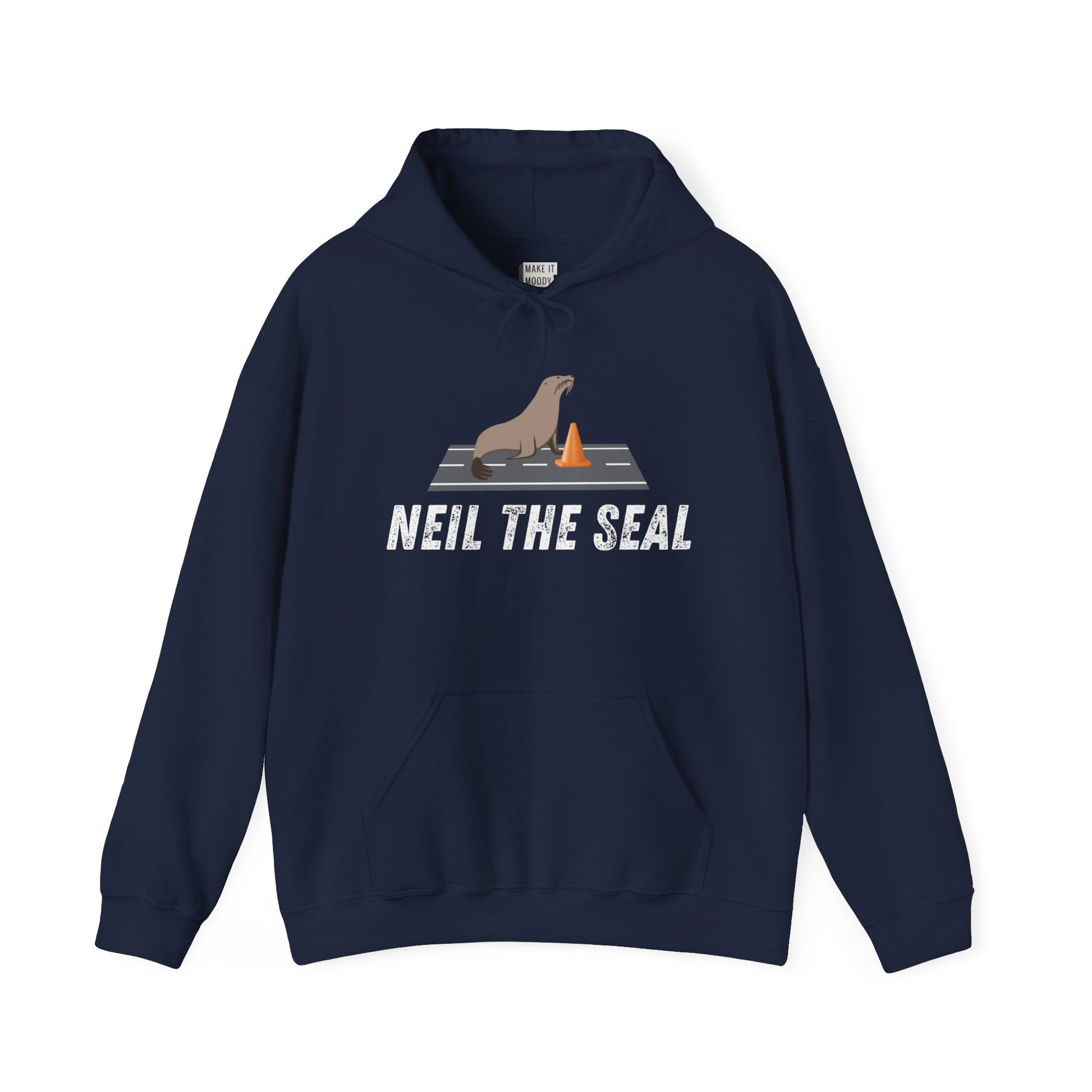 Navy hooded sweatshirt with the words NEIL THE SEAL, and a graphic of a seal sitting in the middle of a road with an orange traffic cone. 