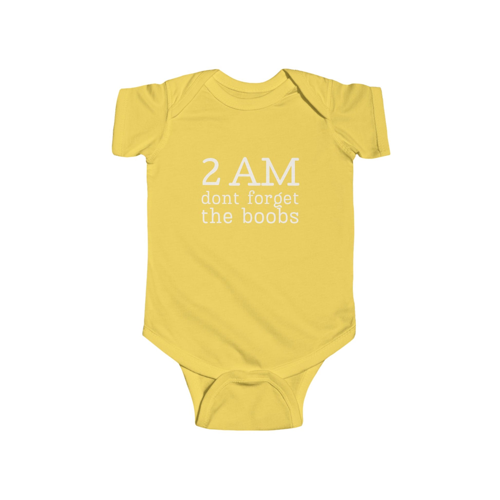 Yellow infant bodysuit for breastfed babies that says 2 AM DON'T FORGET THE BOOBS