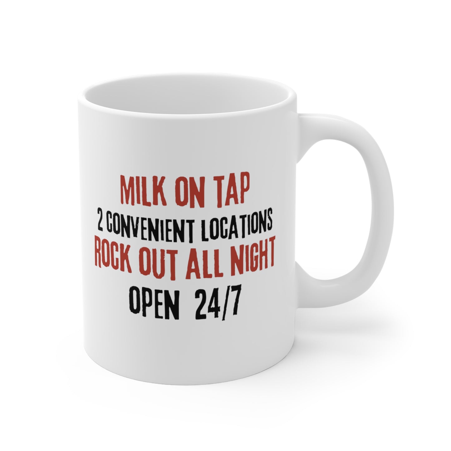 House of Boobs" Breastfeeding Mug 11oz with text: "Milk on Tap, 2 Convenient Locations, Rock Out All Night, Open 24/7" in red and black lettering—a funny and unique gift perfect for a nursing mama.