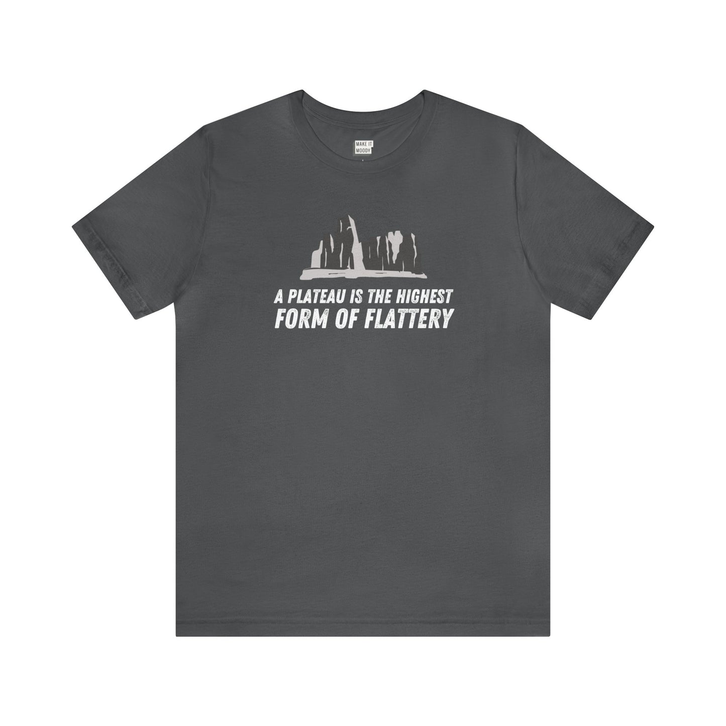 Dark gray "A Plateau Is the Highest Form of Flattery" tee with white text and plateau graphic.