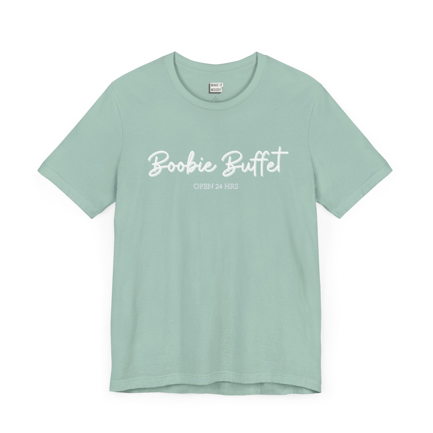 Dusty blue breastfeeding t-shirt with boobie buffet, open 24 hours printed on the front in white.