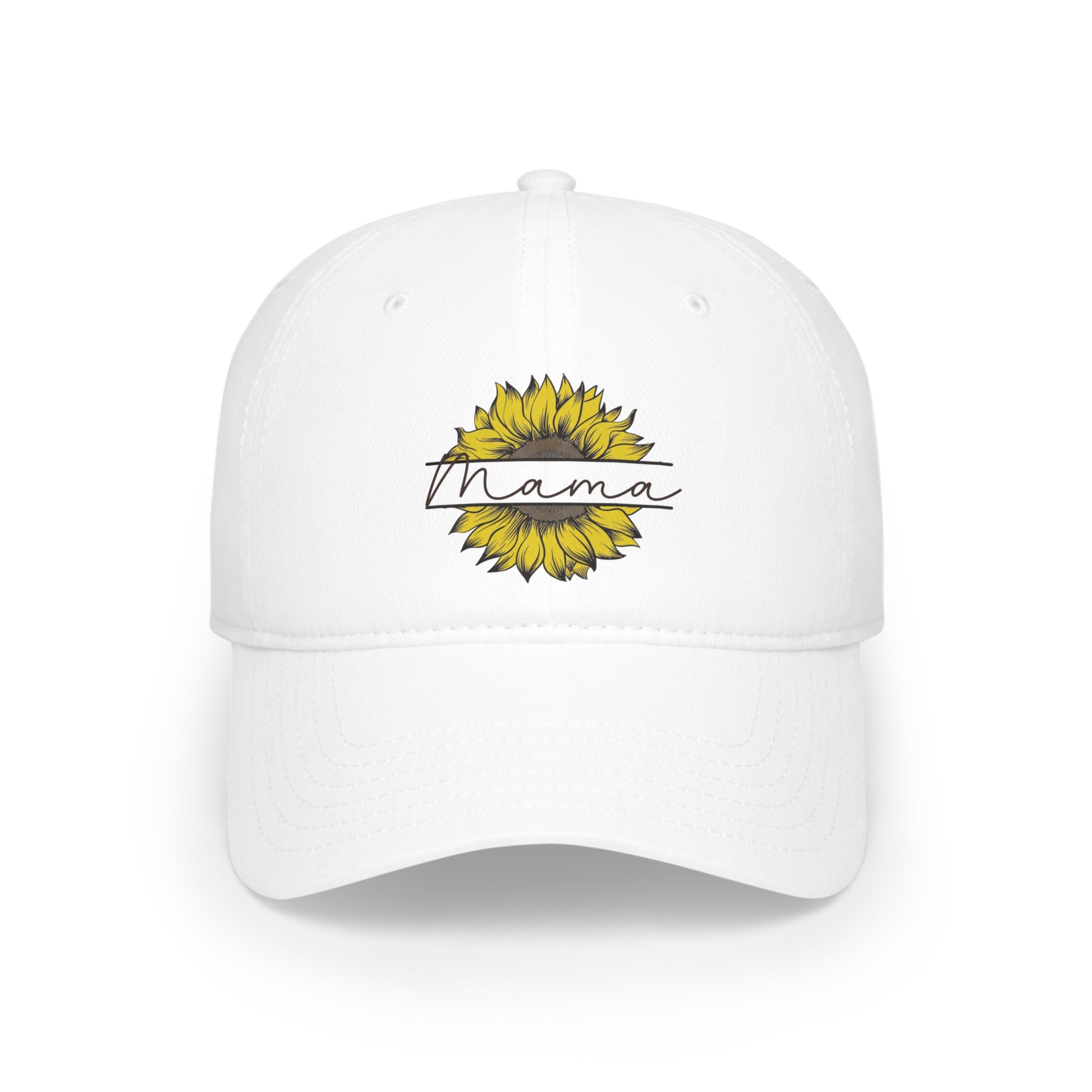 Mama" Sunflower Hat in white, featuring a sunflower design and the word "Mama" across the front.