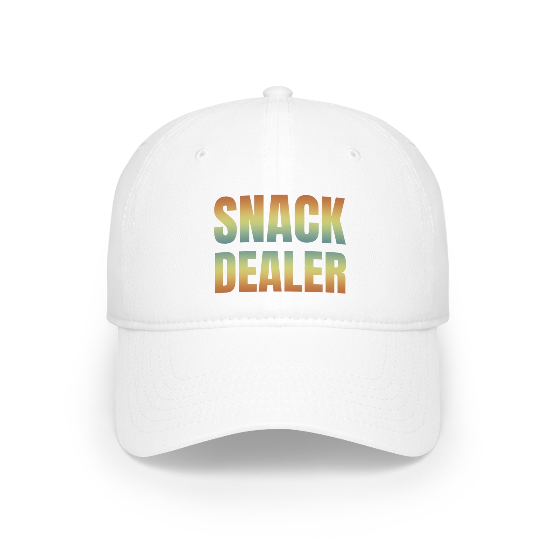 White "Snack Dealer" Mom Hat featuring vibrant gradient text in green, yellow, and orange on the front.