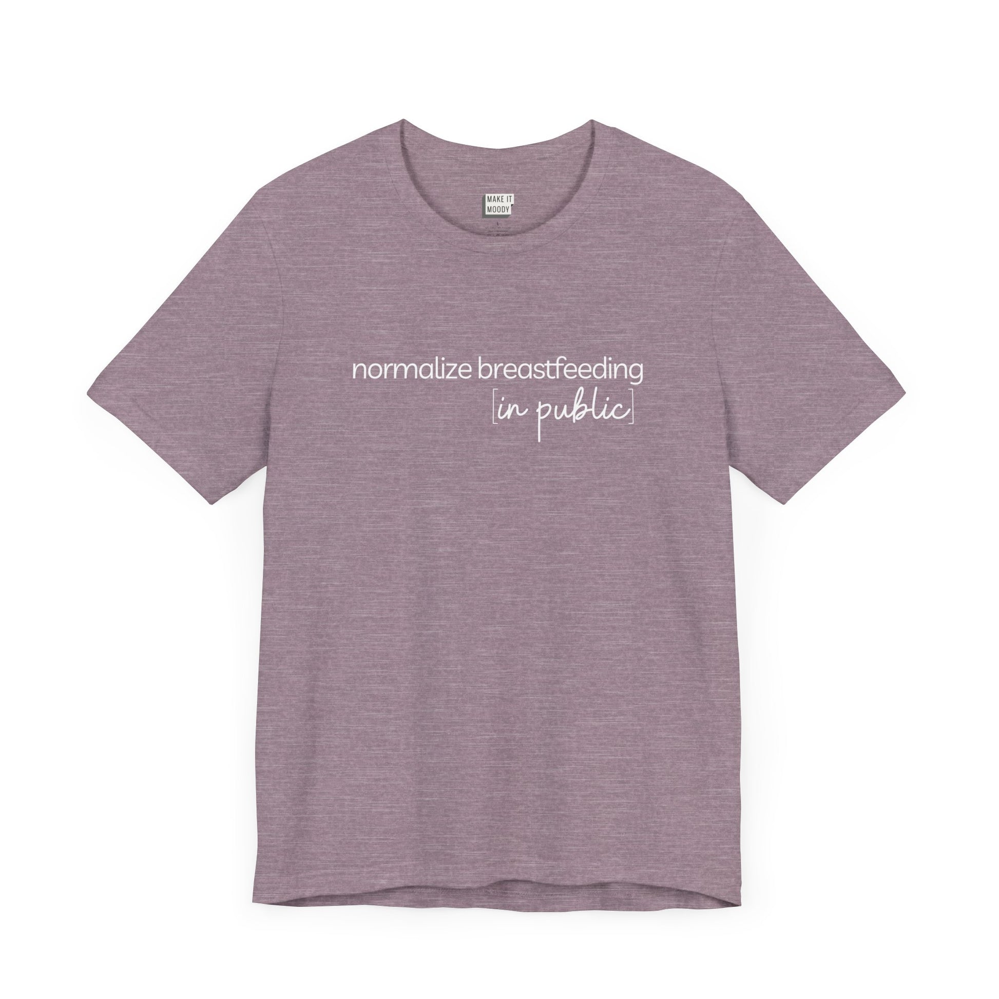 Breastfeeding t-shirt that says NORMALIZE BREASTFEEDING in public.