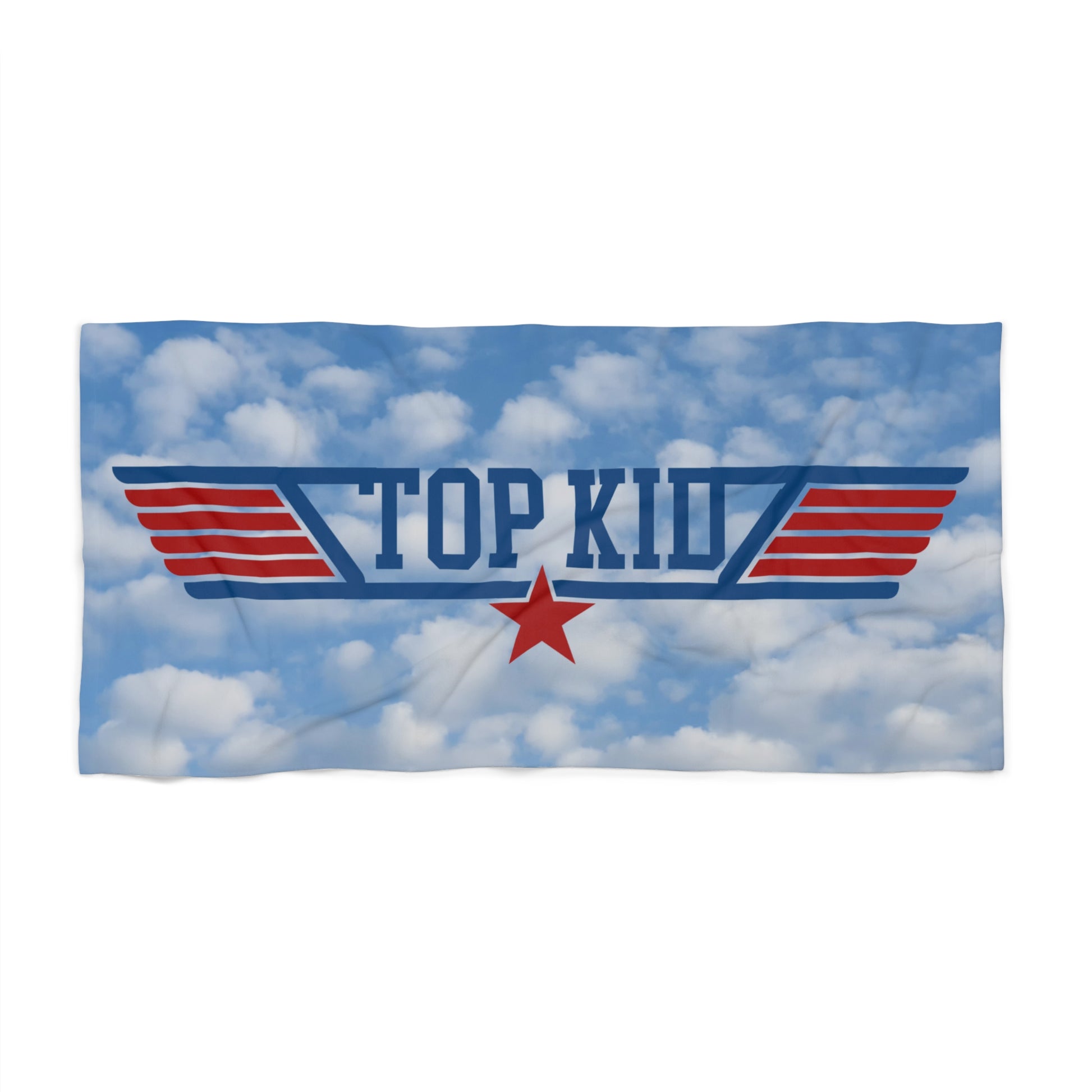 A "Top Kid" Aviation-Themed Towel featuring a blue sky and clouds background, adorned with the text "TOP KID" and a red star with red and blue wings.