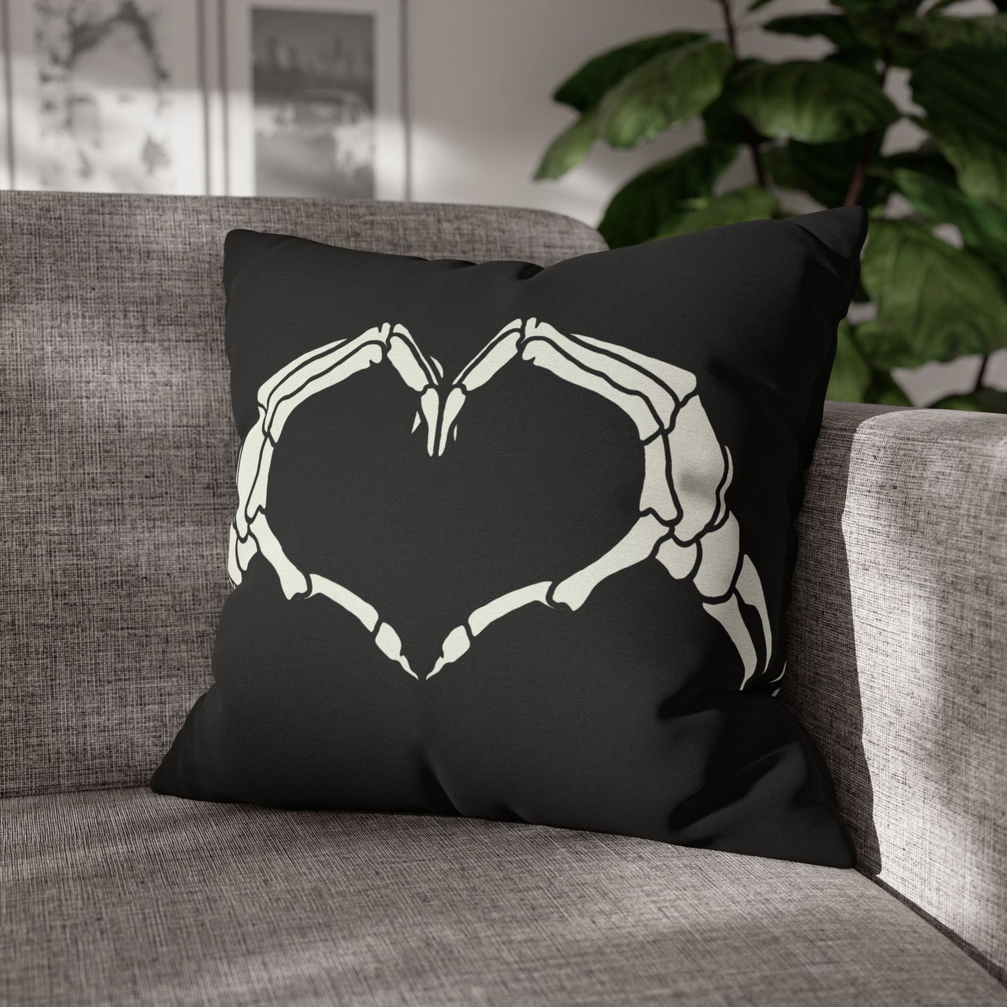 Skeleton Heart Hands, Black  - Halloween Pillow Cover