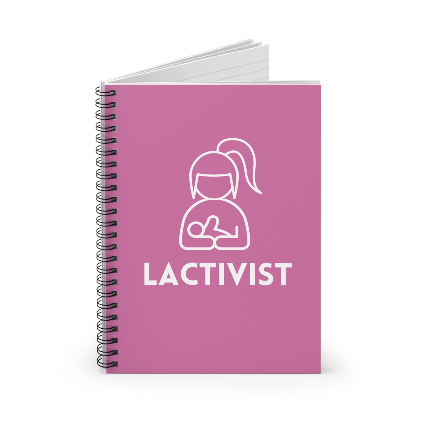 The "Lactivist" Breastfeeding Spiral Lined Notebook is a pink, spiral-bound notebook featuring a cover design with an icon of a woman breastfeeding and the word "LACTIVIST." This pro-breastfeeding notebook is perfect for lactation consultants and lactivists alike.