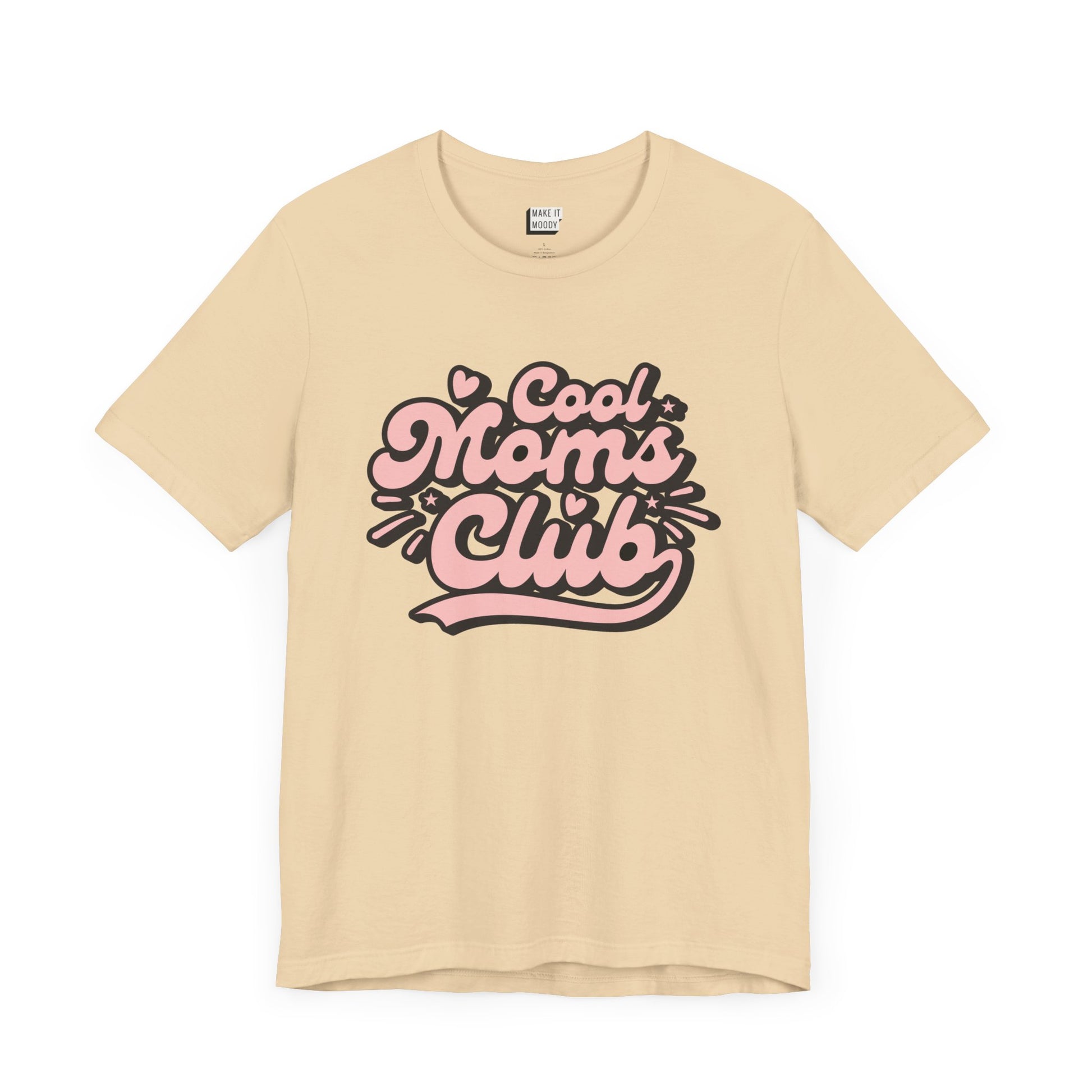 Soft cream mom t-shirt that says cool moms club in pink and black retro font.