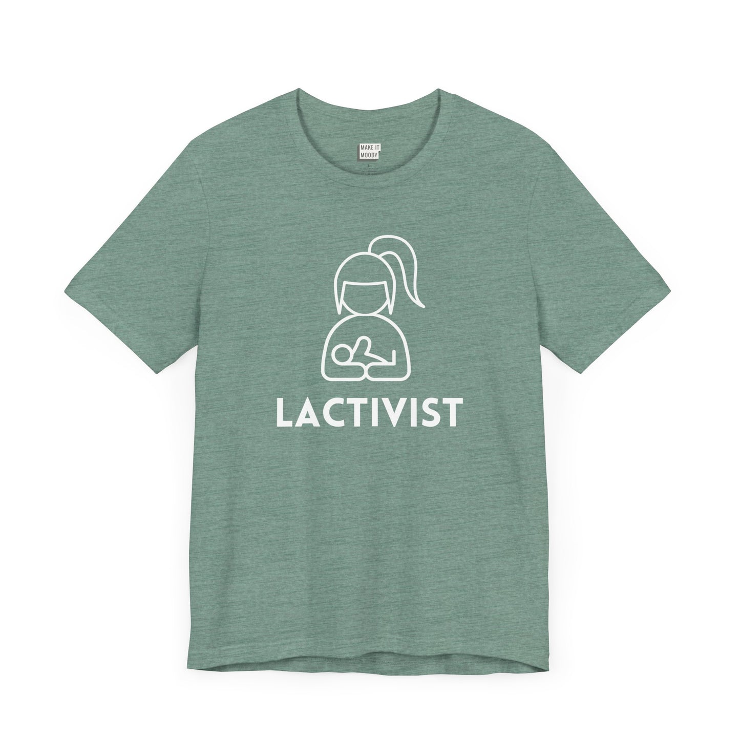 Dusty blue breastfeeding t-shirt that says LACTIVIST with a minimalistic graphic of a mother nursing a baby.