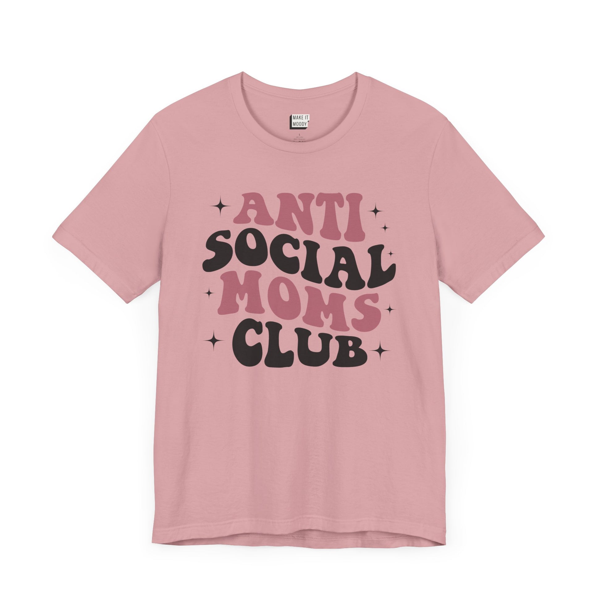 Orchid pink funny mom tee that says antisocial moms club in bold retro font.