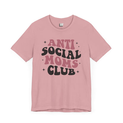 Orchid pink funny mom tee that says antisocial moms club in bold retro font.