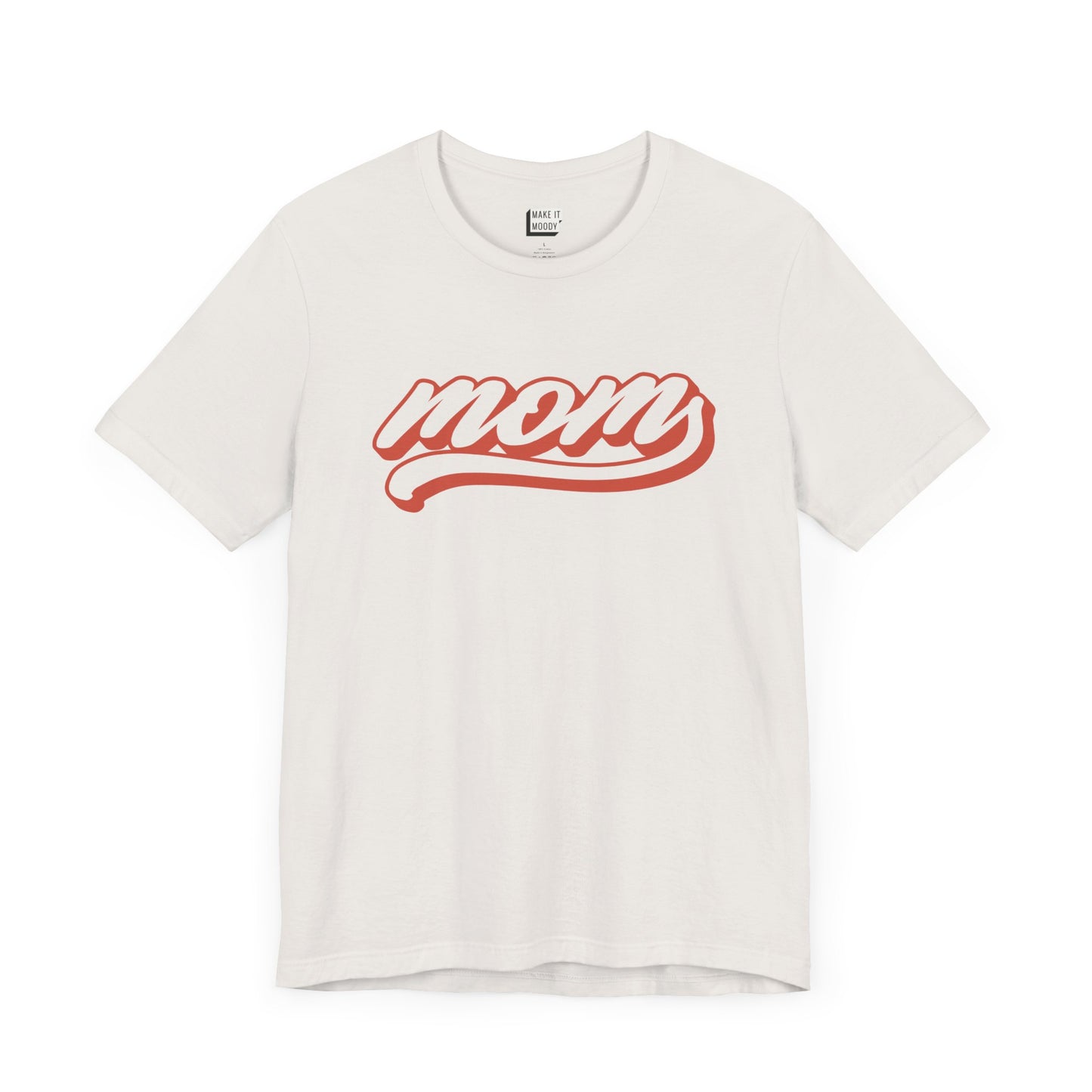 Vintage white baseball style mom t-shirt with the word MOM written in red cursive text.