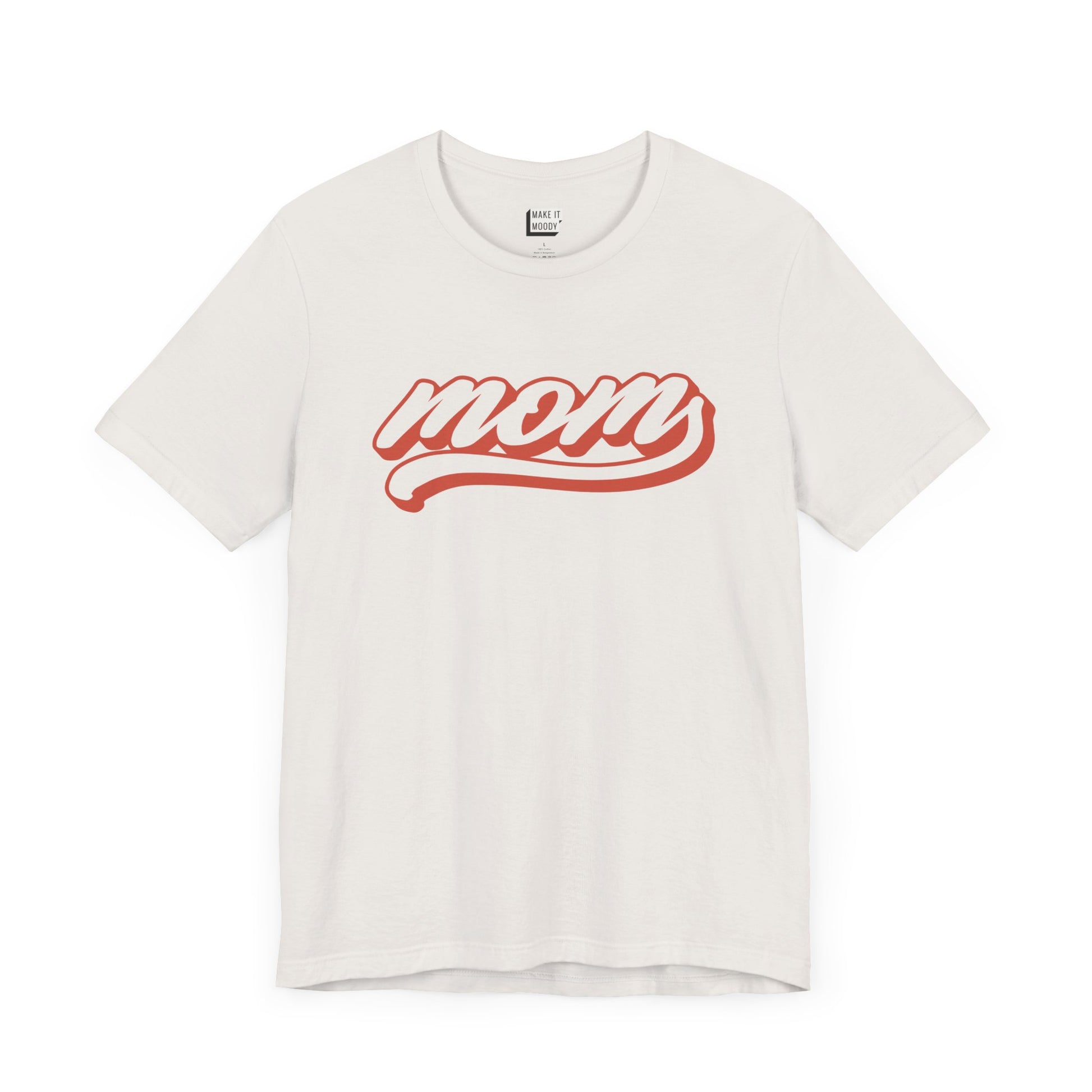 Vintage white baseball style mom t-shirt with the word MOM written in red cursive text.