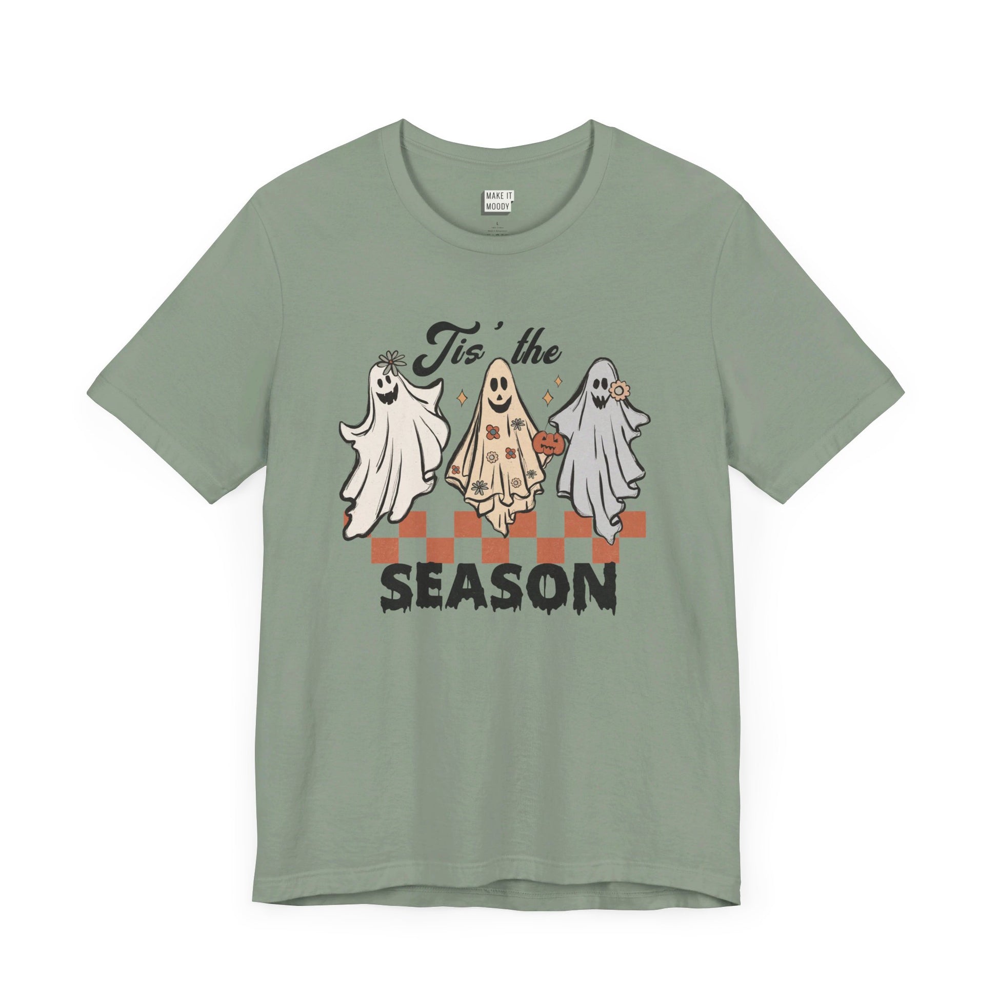 sage green halloween t-shirt that with retro ghost design and the lettering tis' the season