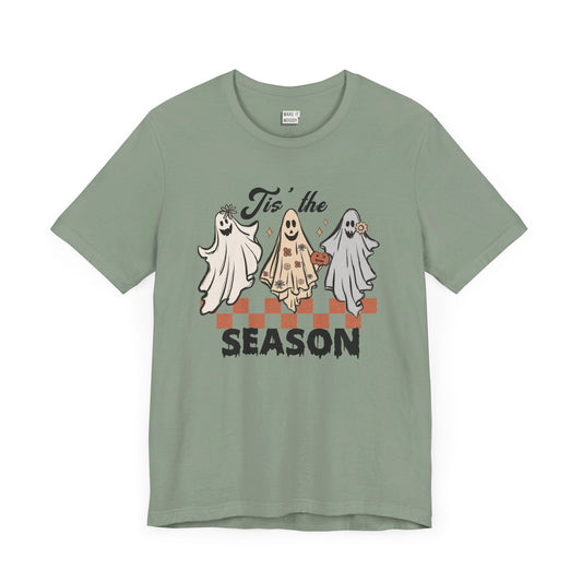 sage green halloween t-shirt that with retro ghost design and the lettering tis' the season