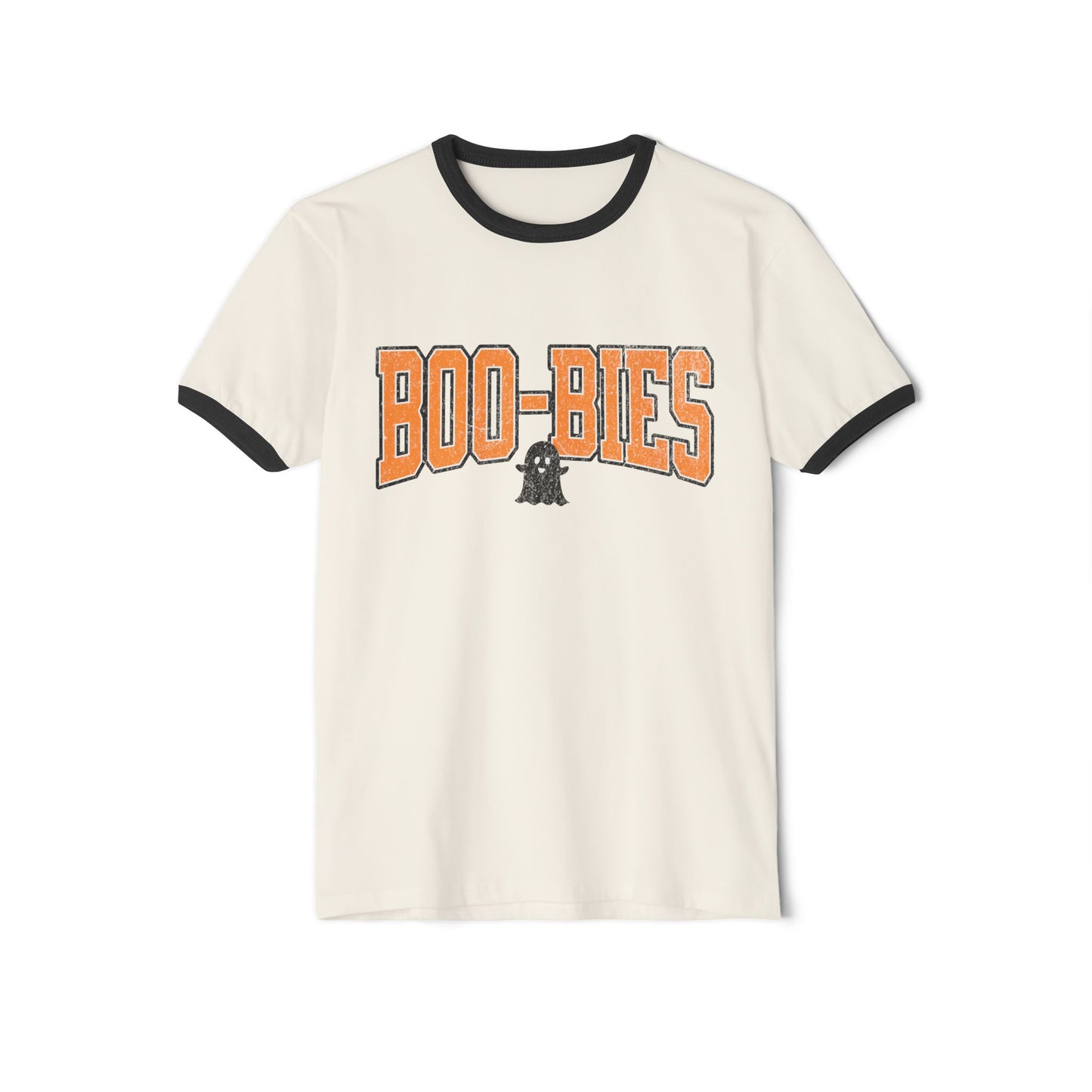 The Boo-bies Unisex Cotton Ringer Halloween T-Shirt in natural with black collar and sleeve trim is crafted from 100% ring-spun cotton. It showcases BOO-BIES in bold orange letters along with a small graphic below the text, providing a classic unisex fit.