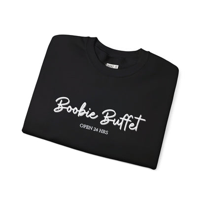 breastfeeding sweatshirt that says BOOBIE BUFFET OPEN 24 HOURS on the front in script lettering.