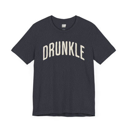 heather navy funny drinking t-shirt that says DRUNKLE in white bold arched font on the front