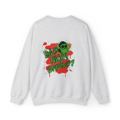 Ash grey Christmas themed unisex sweatshirt that says BIG NICK ENERGY on the back with a graffiti style design.