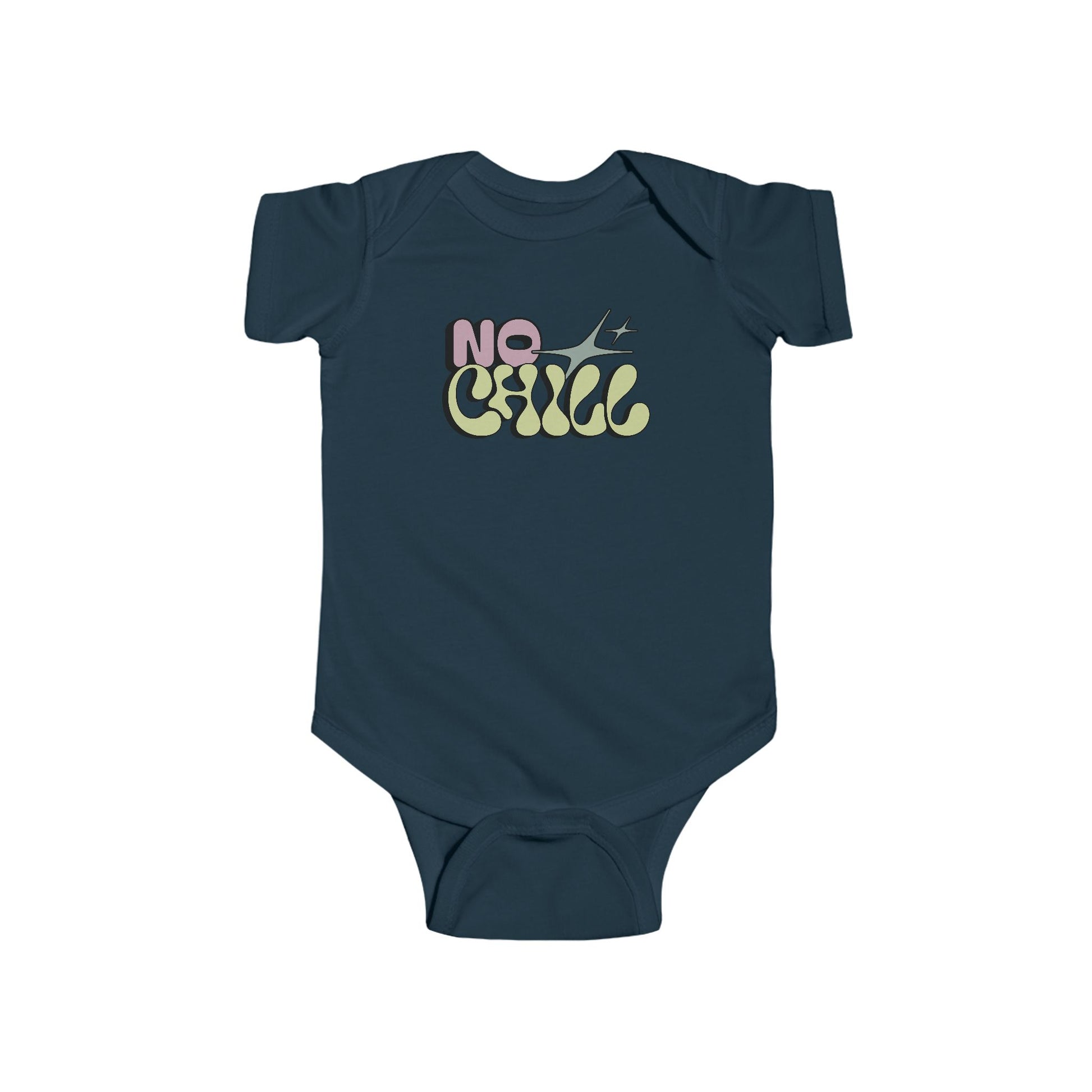 navy infant bodysuit that says NO CHILL on the front in a groovy retro font