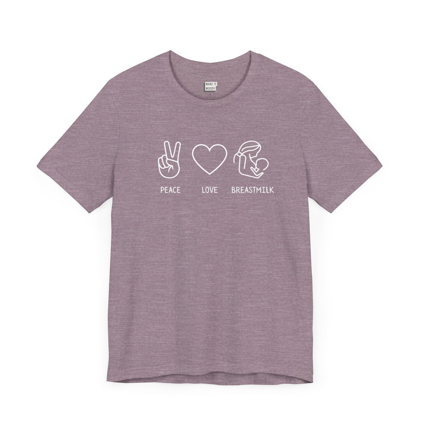 Heather purple breastfeeding t-shirt that says PEAVE LOVE BREASTMILK.