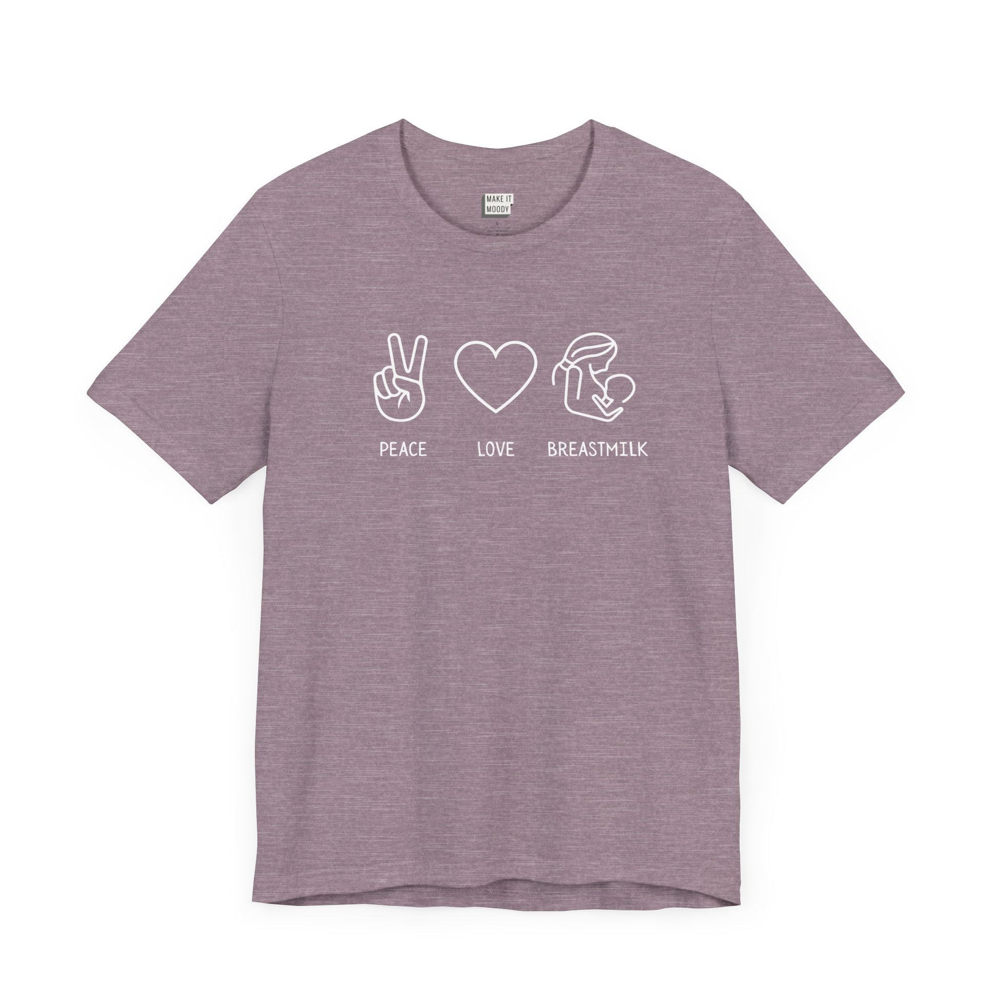 Heather purple breastfeeding t-shirt that says PEAVE LOVE BREASTMILK.