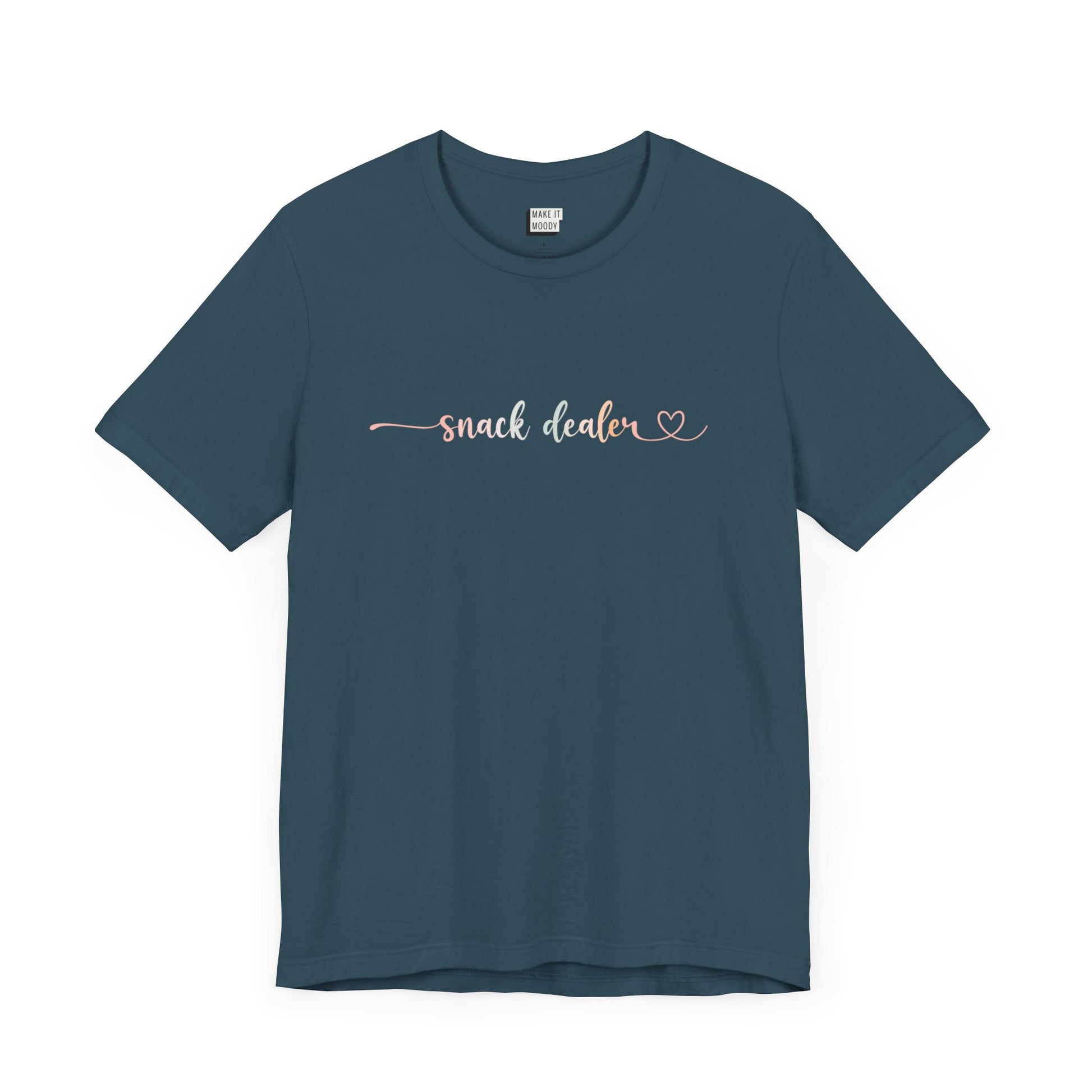 Deep teal funny shirt for moms in grey with the words, "Snack Dealer" on the front in script font.