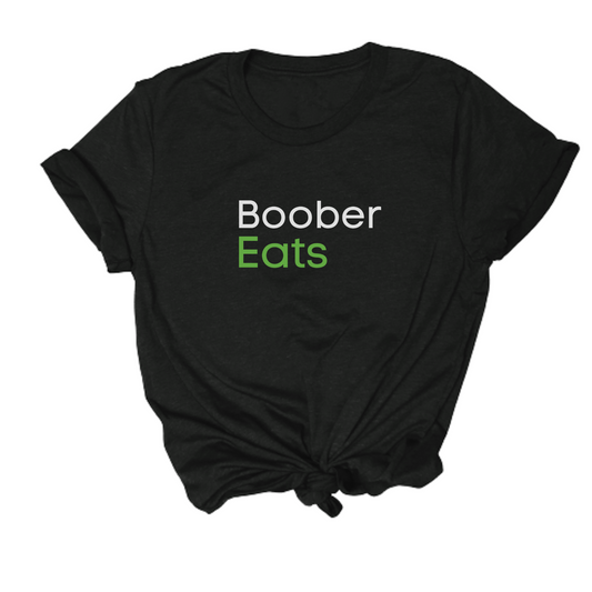 funny breastfeeding shirt designed to resemble the Uber Eats logo that says "Boober Eats"
