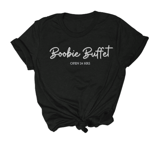 funny breastfeeding t shirt that says "boobie buffet"