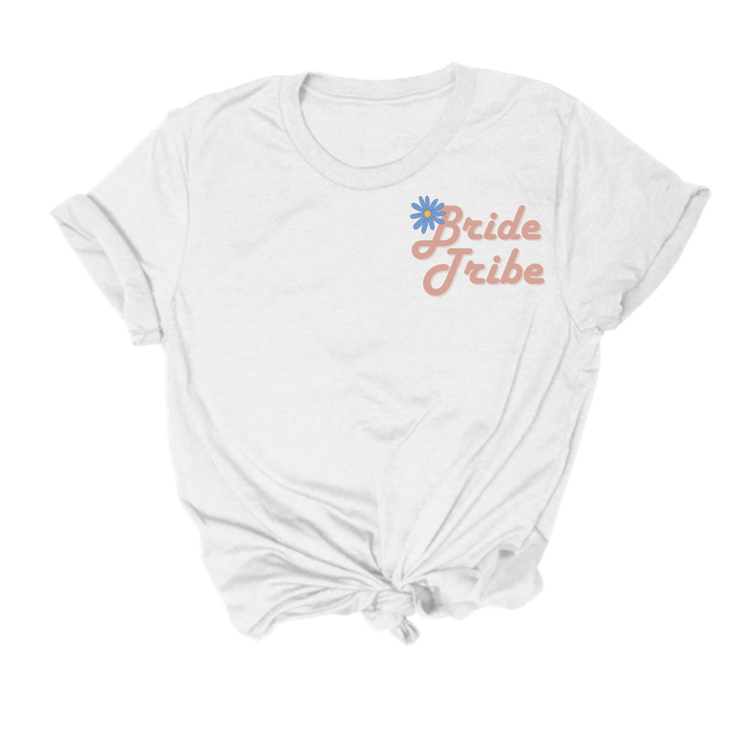 Bride Tribe Tee featuring "Bride Tribe" text and a small floral design on the top left, tied in a knot at the bottom.