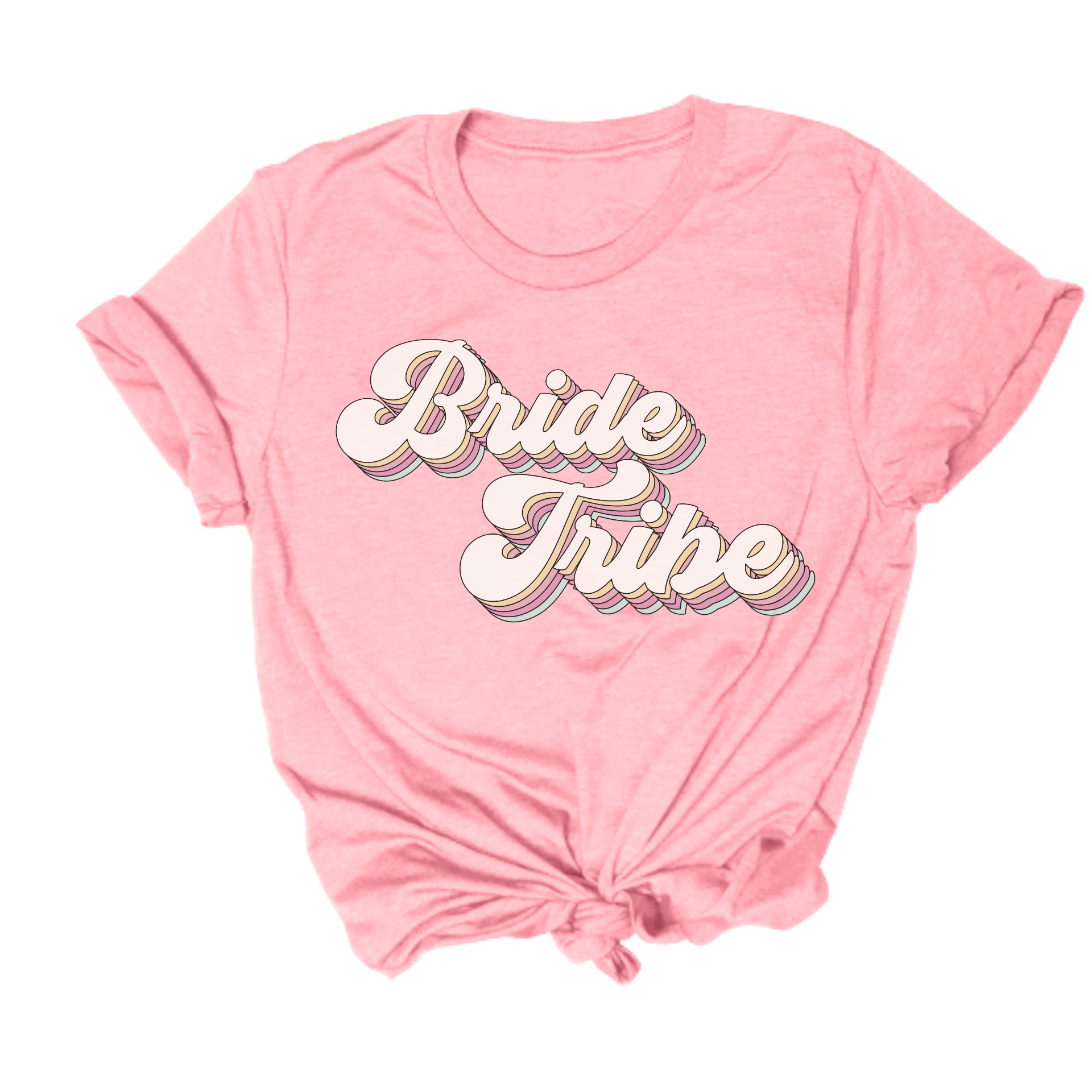 The Retro Bride Tribe Tee features a pink t-shirt design with rolled sleeves, showcasing "Bride Tribe" text in white with a rainbow outline on the front. It is stylishly knotted at the bottom.