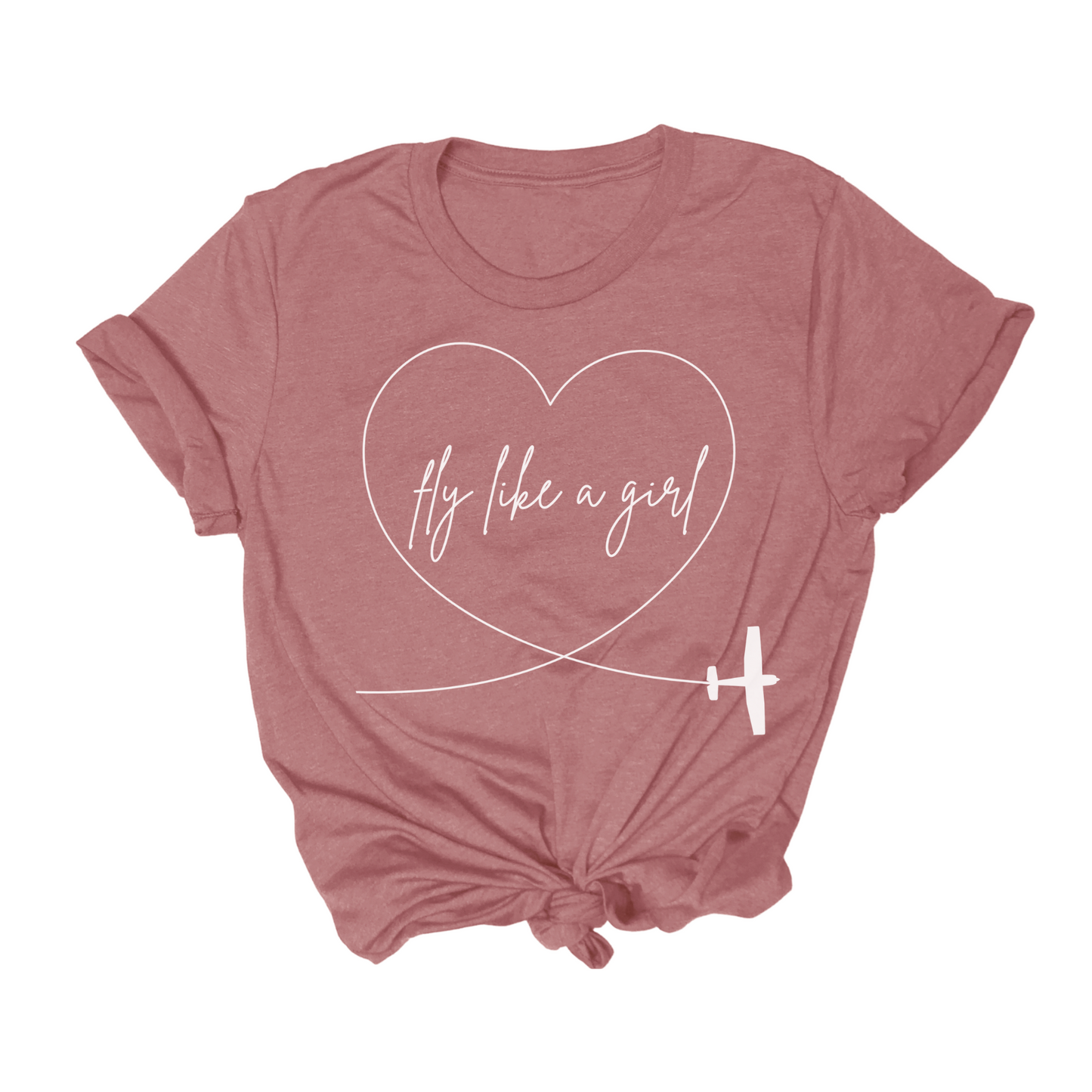 Fly Like A Girl Tee in dusty pink, featuring a heart design with an airplane outline and a tailored waist knot.