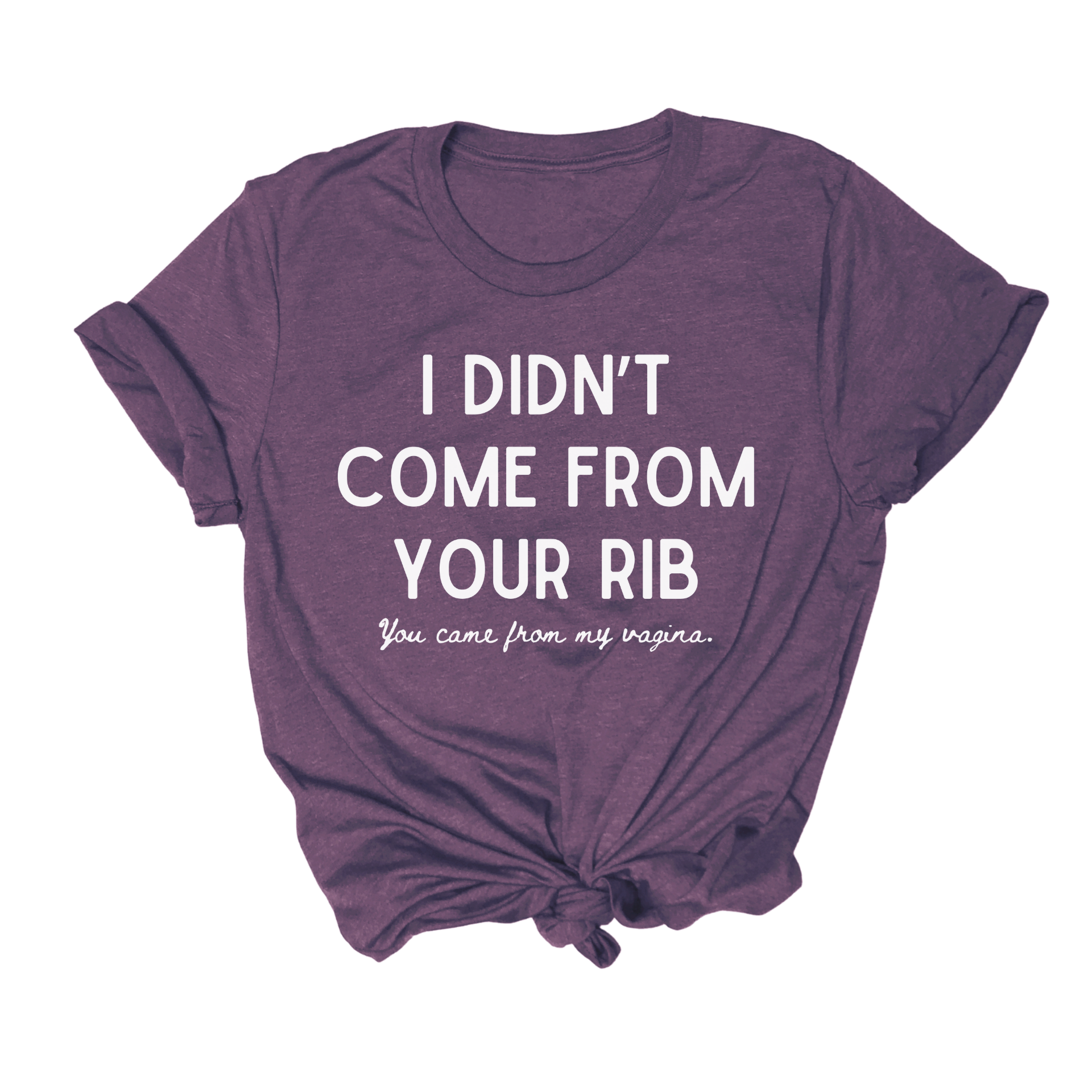 Feminist themed t shirt that says "I didn't come from your rib you came from my vagina."