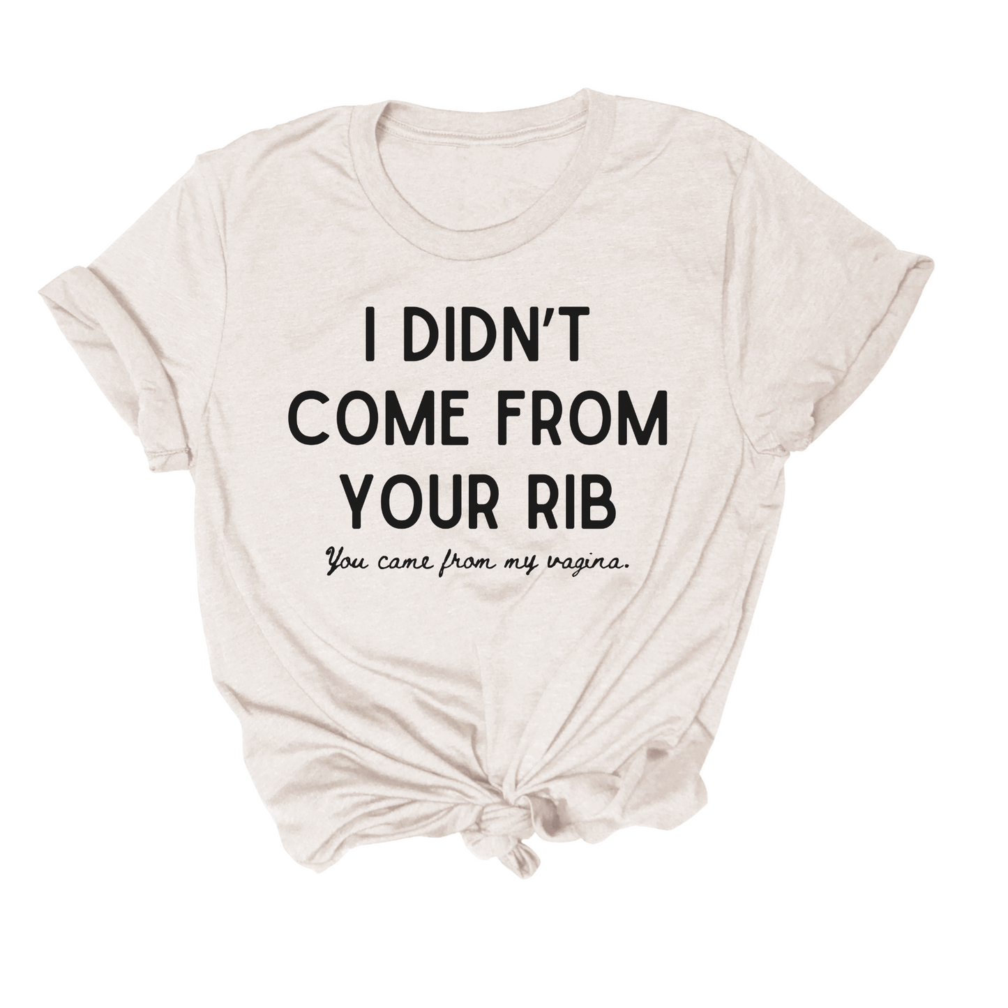 Feminist themed t shirt that says "I didn't come from your rib you came from my vagina."