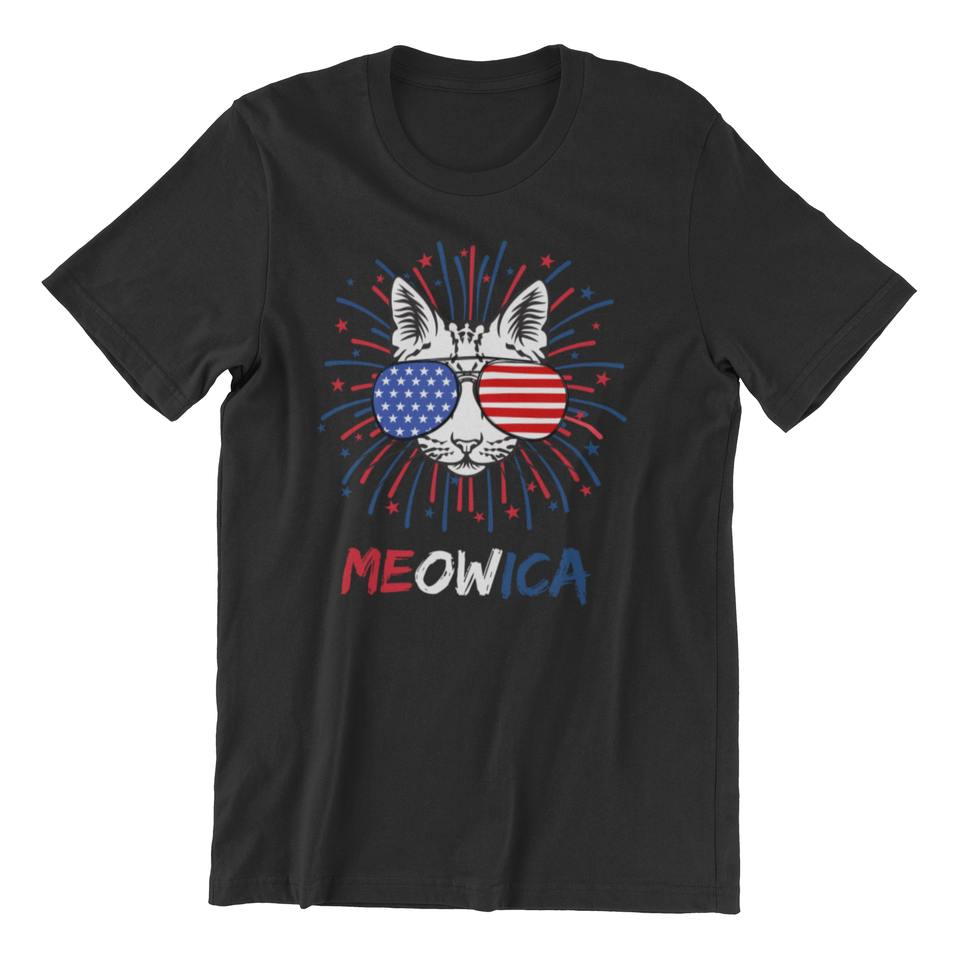 The Meowica Tee is a black t-shirt that showcases a cat wearing American flag sunglasses, surrounded by fireworks, and features the word "MEOWICA" in red, white, and blue.