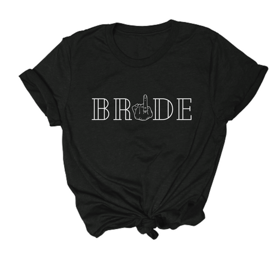 edgy black t shirt that says BRIDE spelled with a ring finger instead of an i