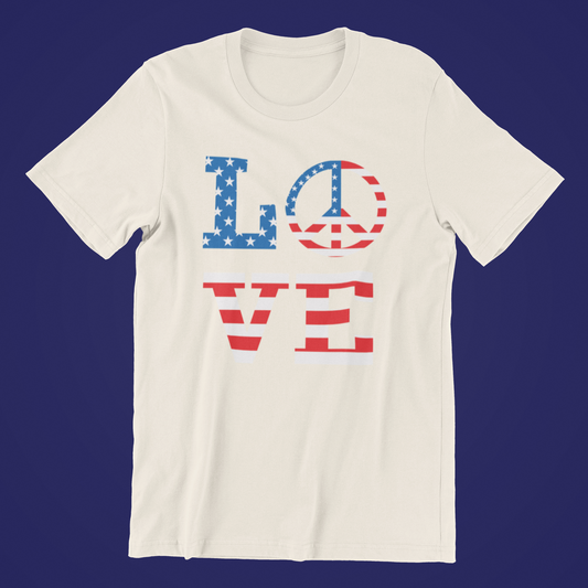Patriotic LOVE Tee featuring the word "LOVE" in stars and stripes, with the "O" as a peace sign, on a dark blue background.
