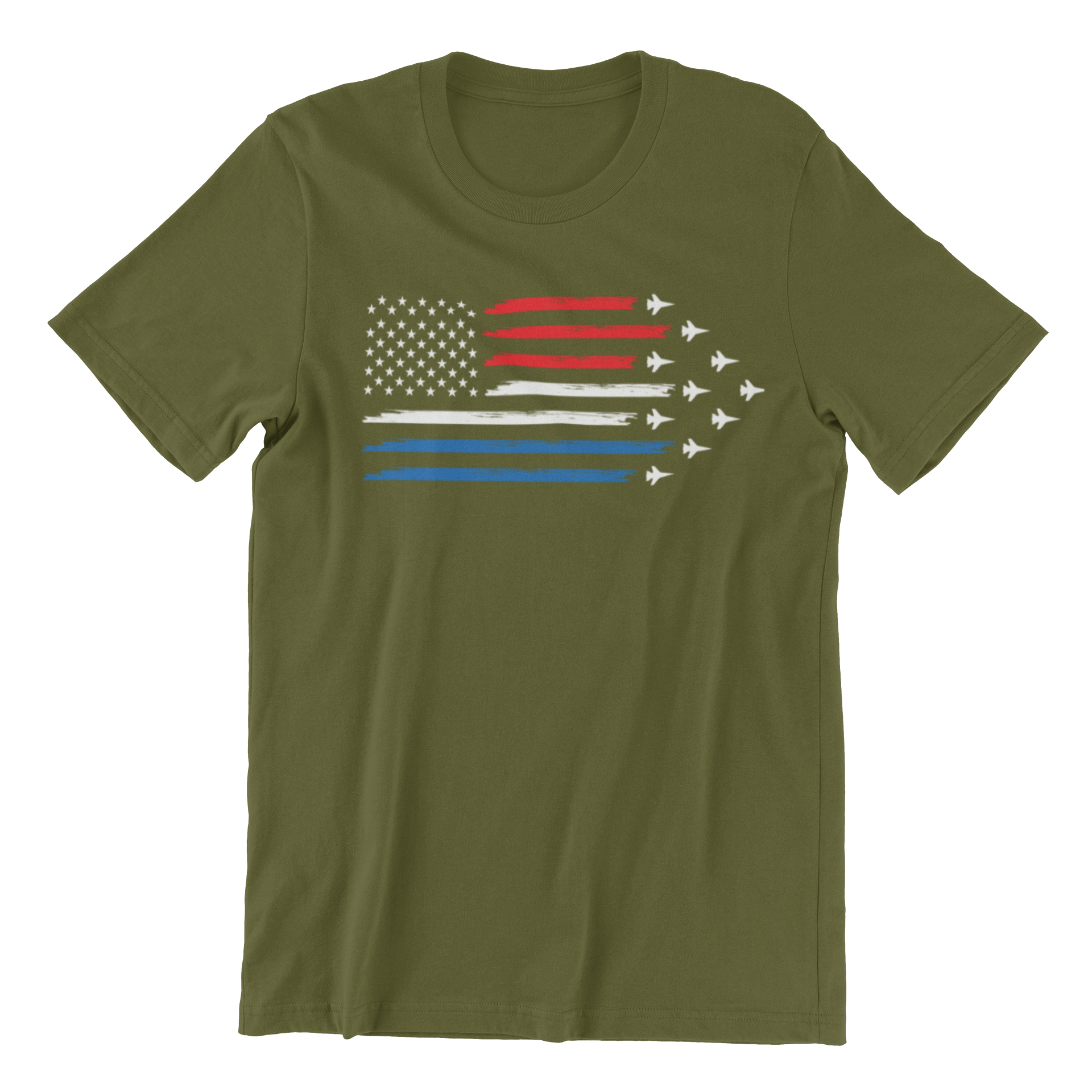 USA Flag Tee in olive green, showcasing an American flag design with jet planes forming an arrow on the front.